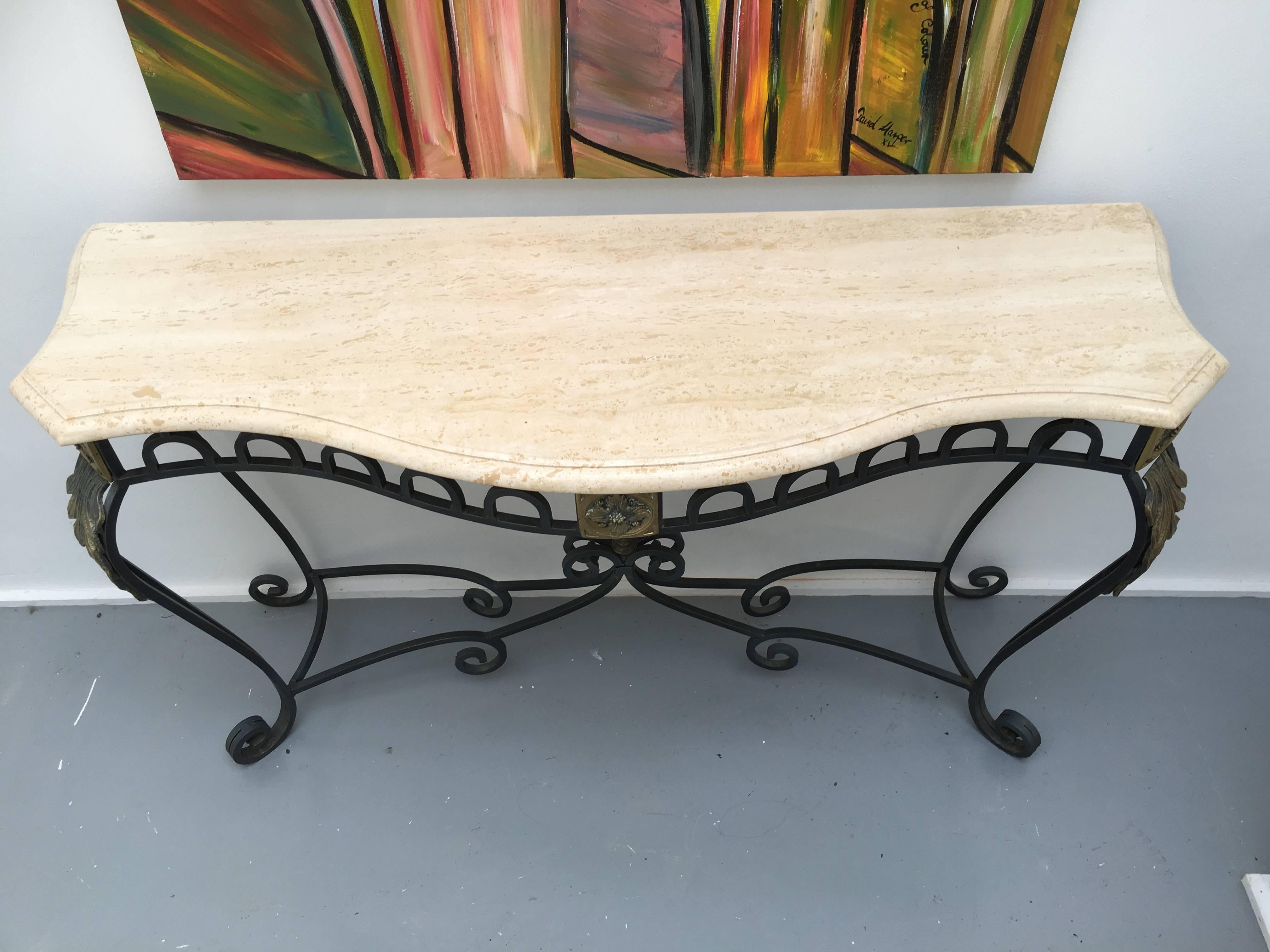 Travertine, Wrought Iron and Gilt Metal Console Table For Sale 1
