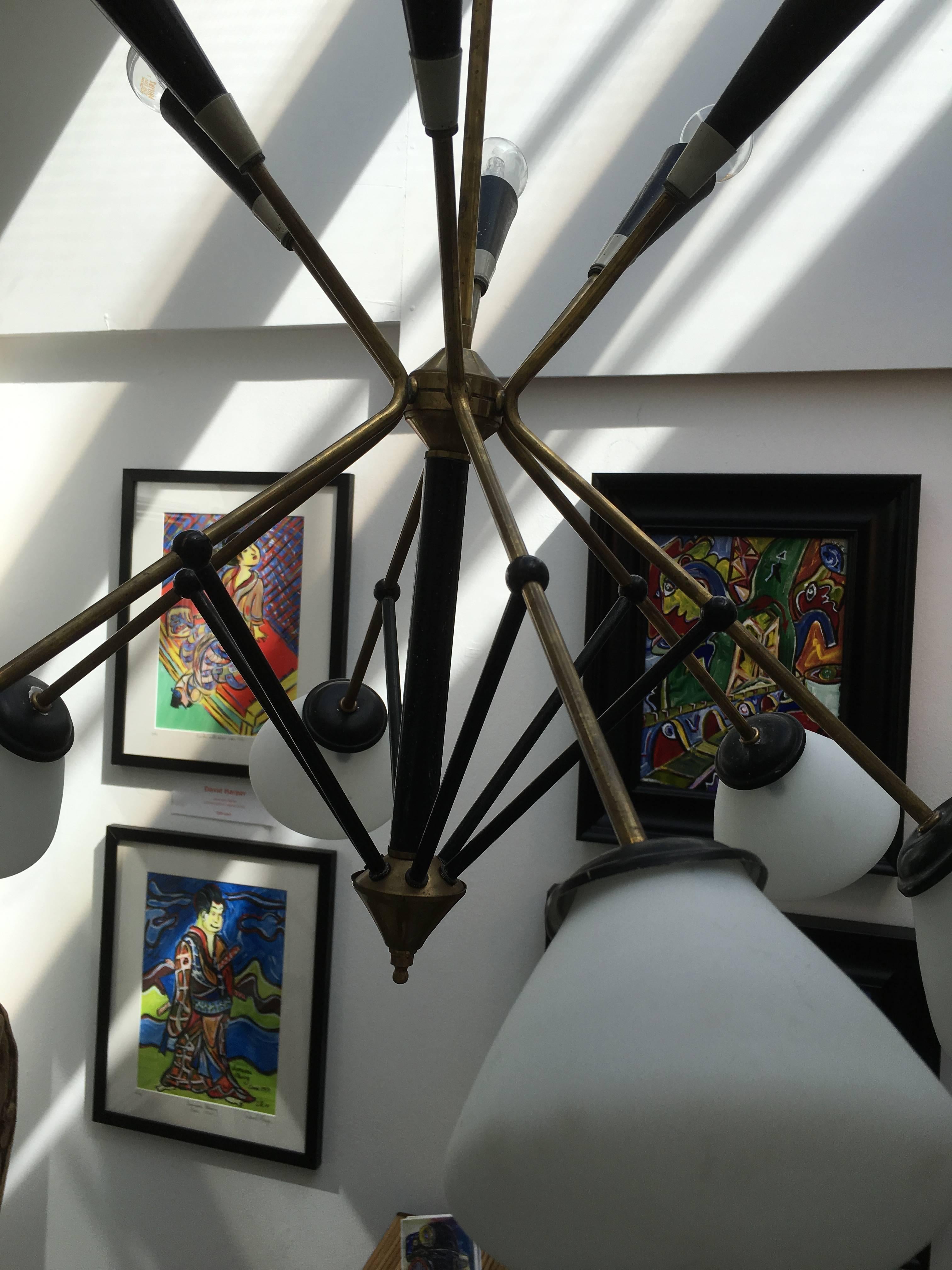 Rare 1950s Stilnovo brass and black chandelier in unrestored condition For Sale 1