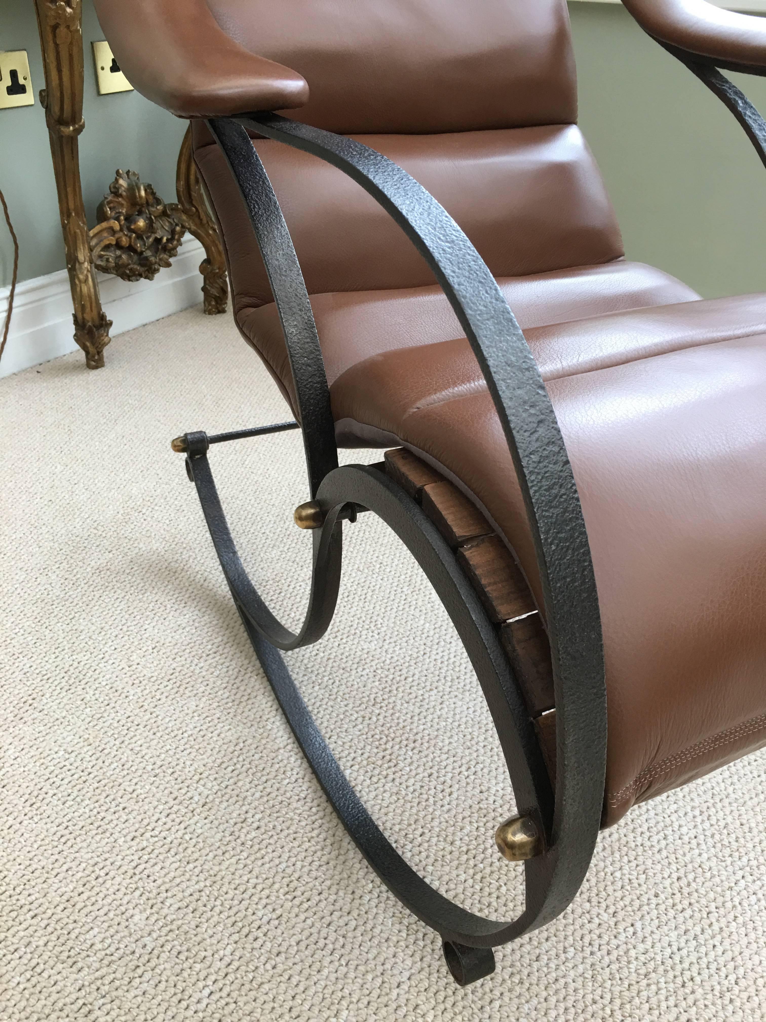 Great Britain (UK) RW Winfield Design 19th Century Steel and Brown Leather Rocking Chair