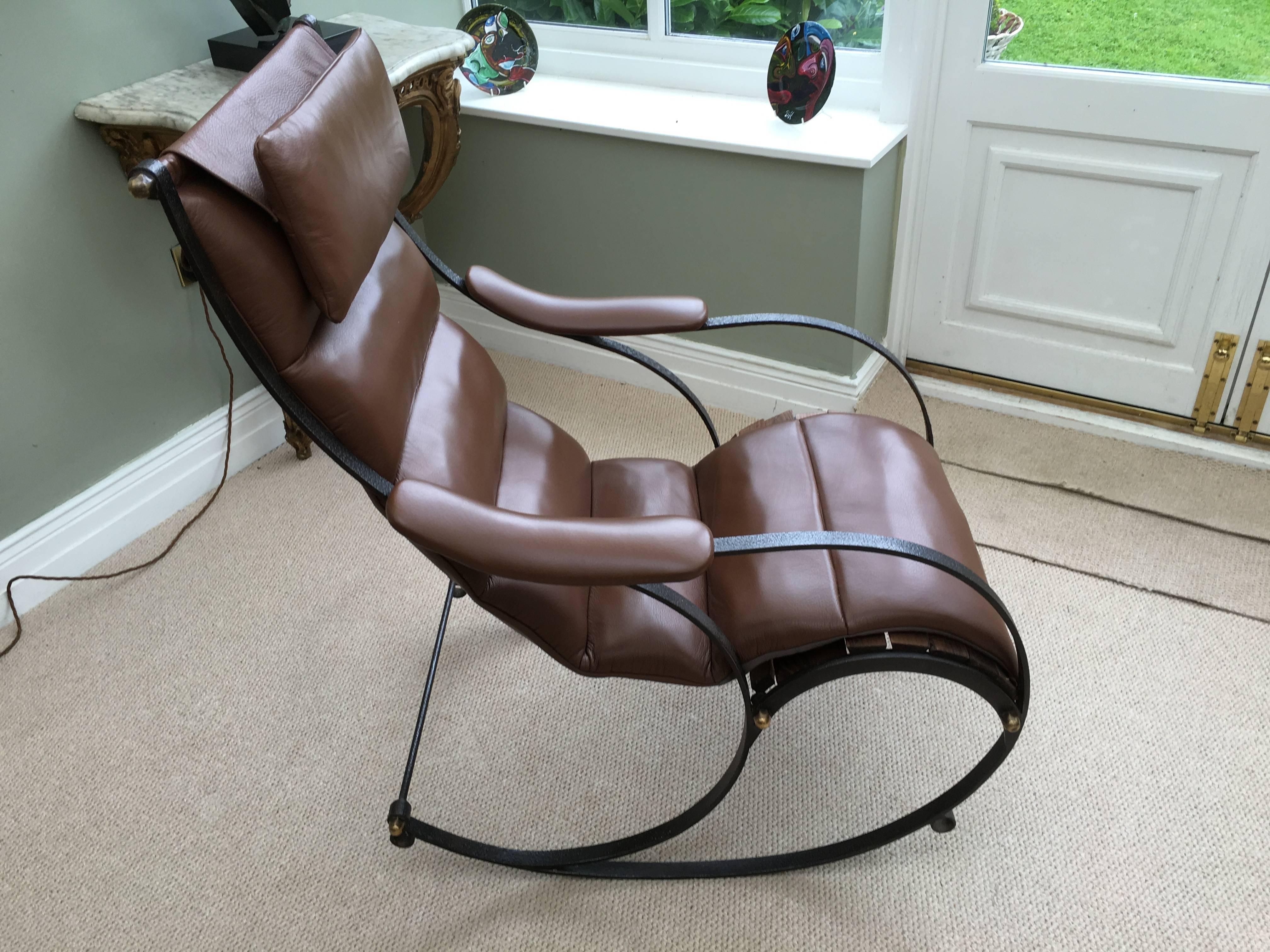 RW Winfield Design 19th Century Steel and Brown Leather Rocking Chair 1