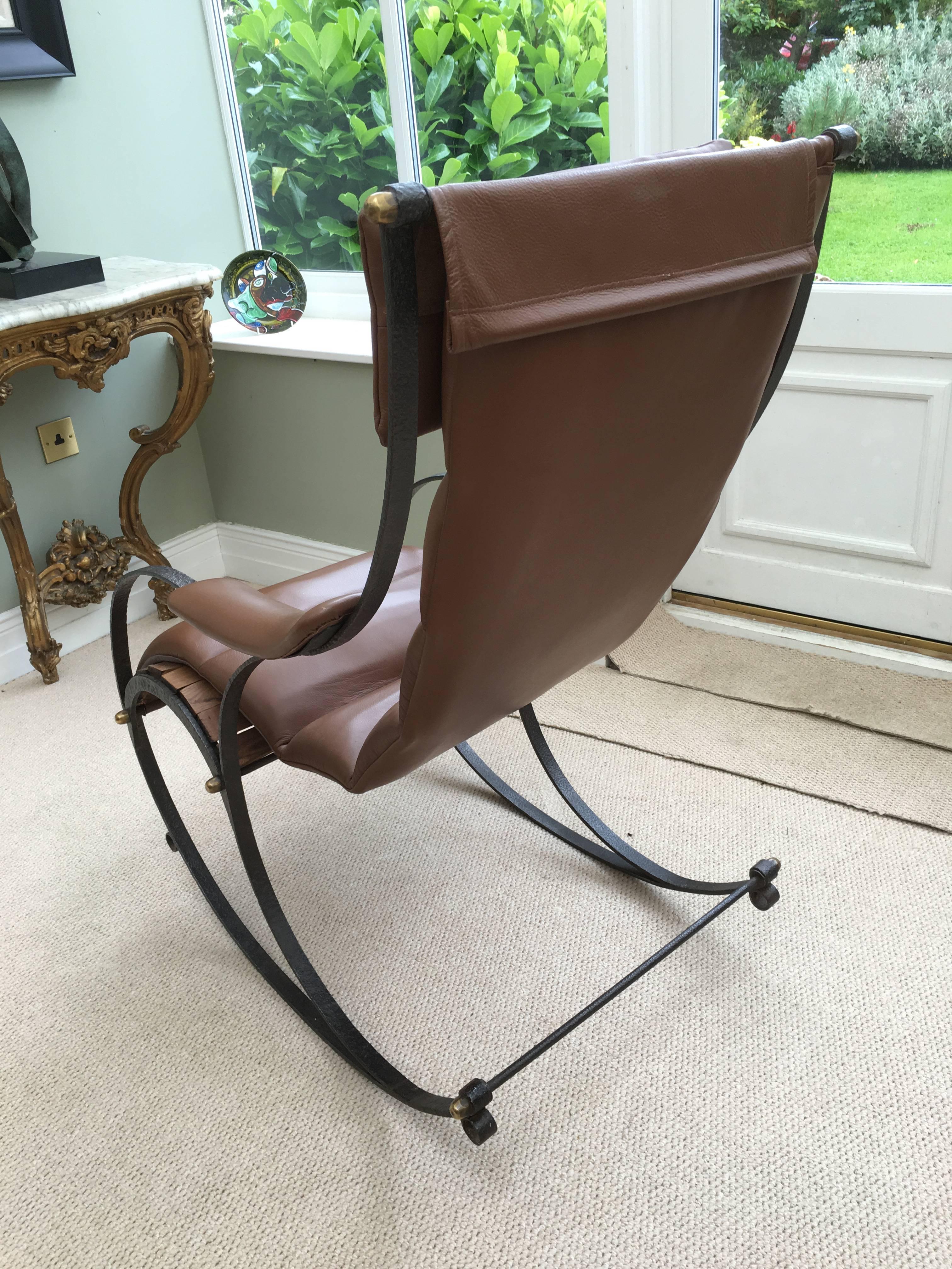 RW Winfield Design 19th Century Steel and Brown Leather Rocking Chair 5