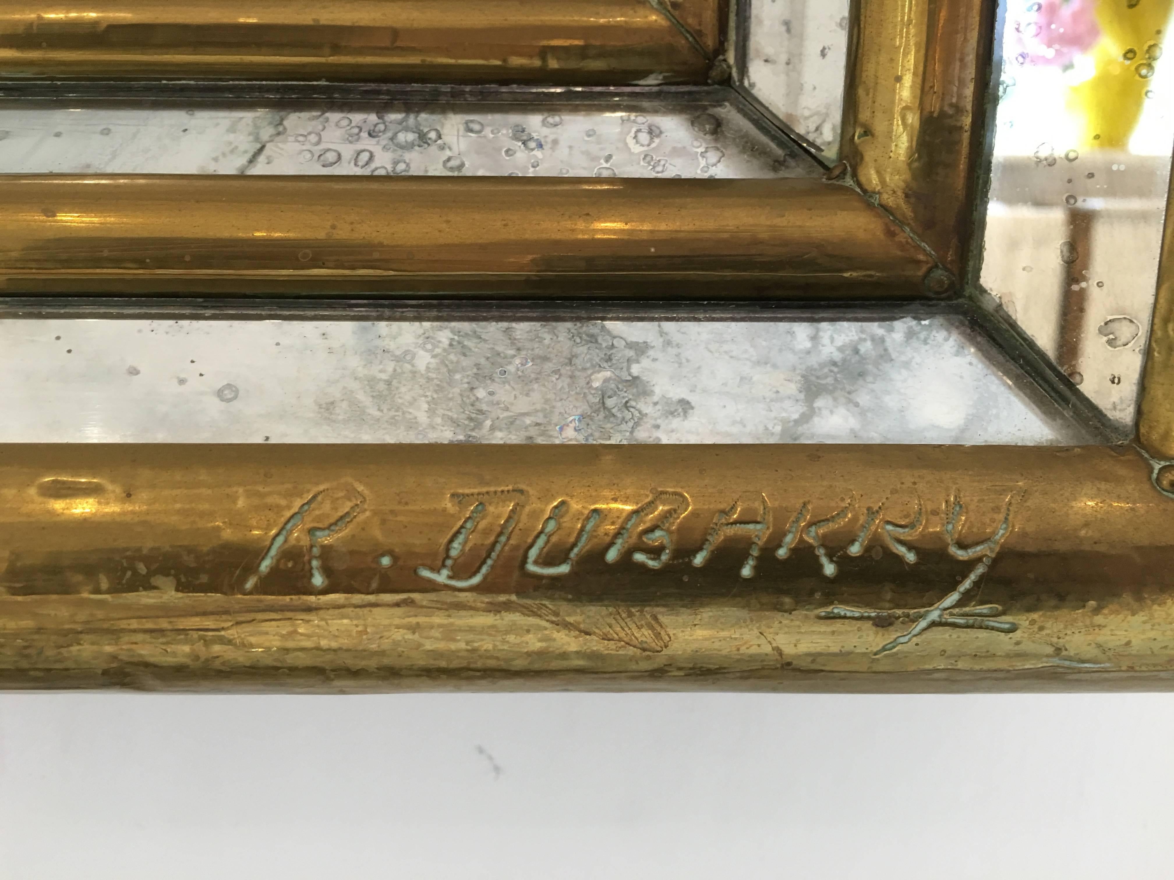 Mid-Century Modern Rodolfo Dubarry gilt stepped front smoked mirror. Signed by the artist For Sale