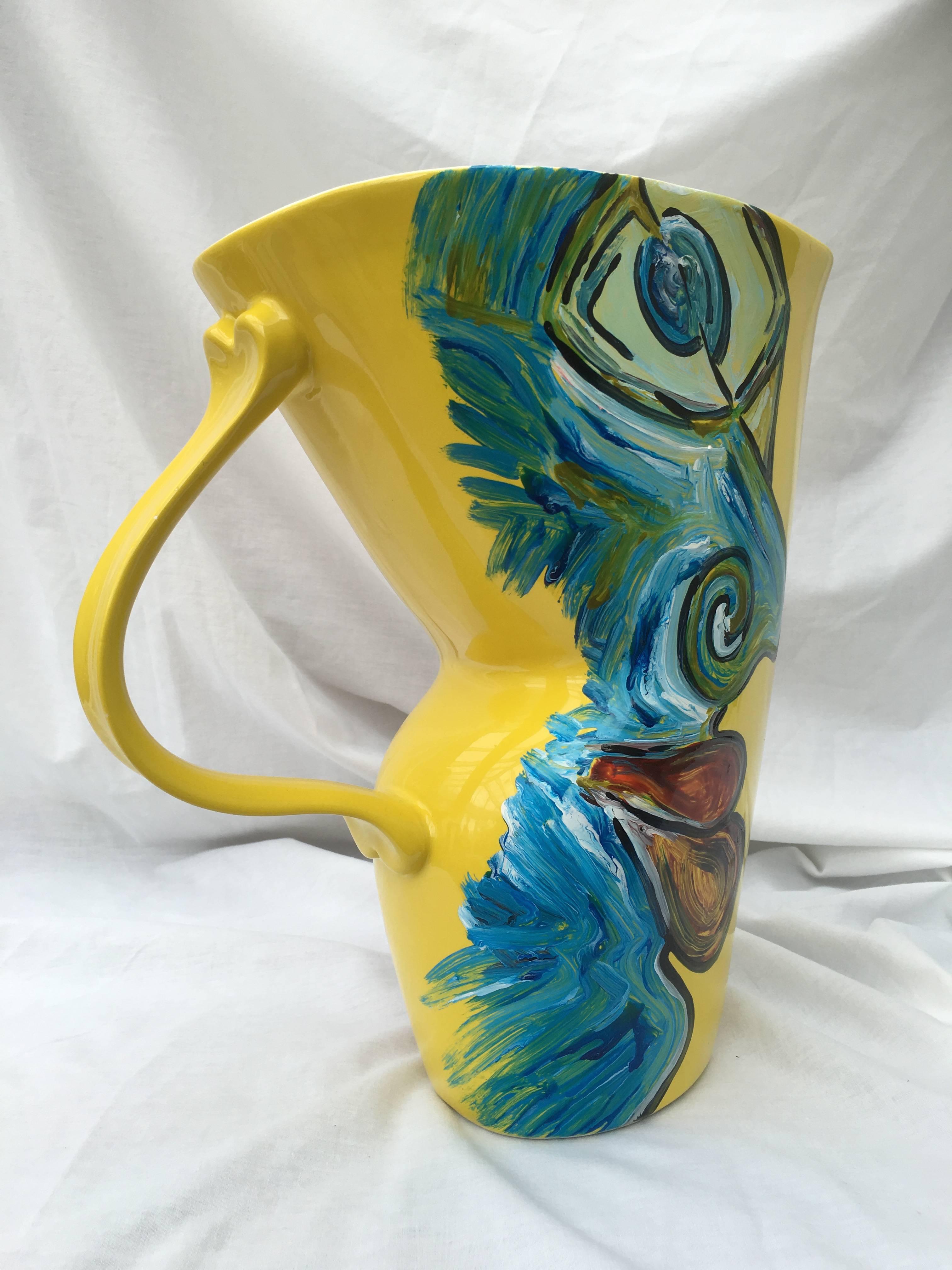 Modern Painted Yellow Vintage Jug Vase, Original 'People Watching' by David Harper For Sale