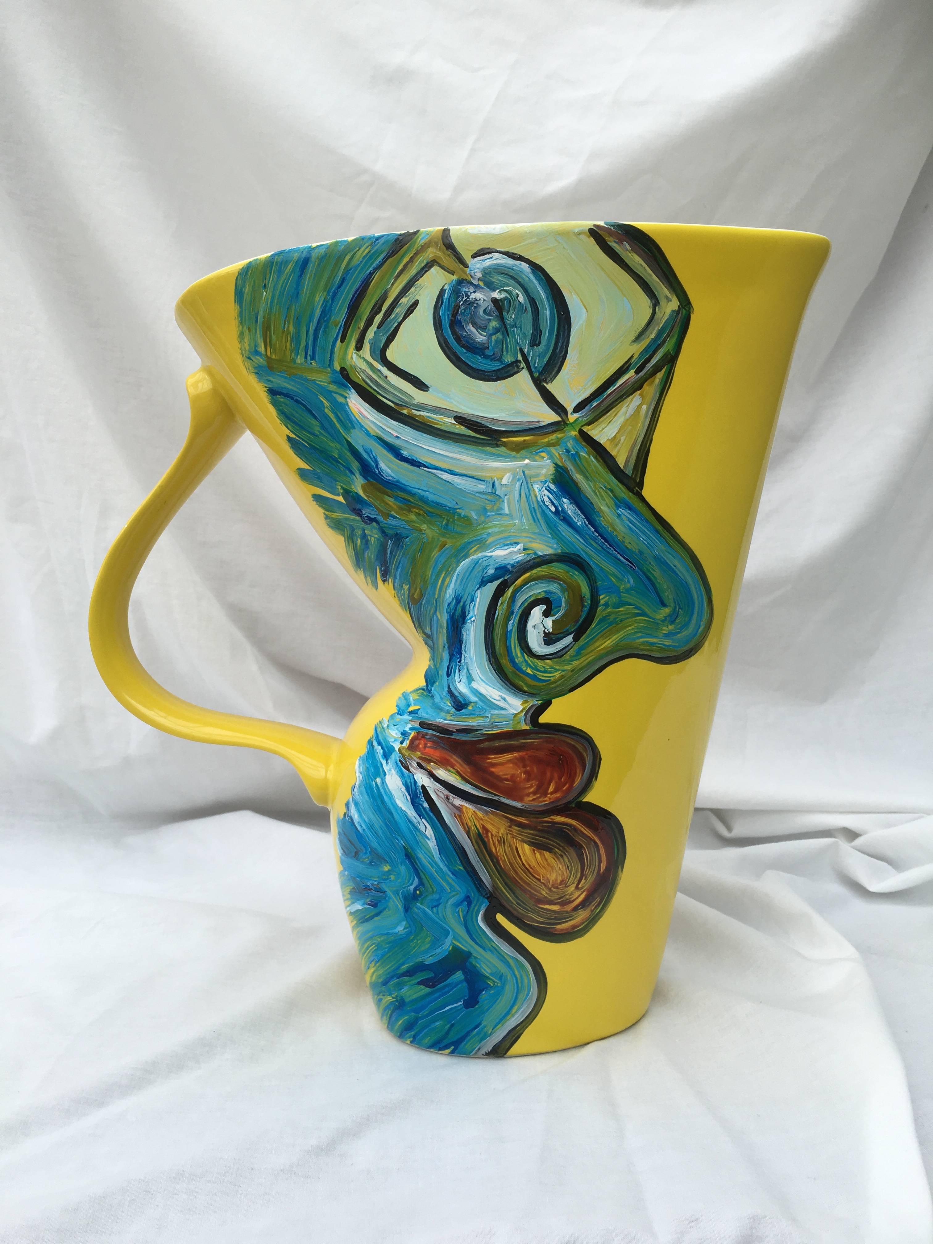 English Painted Yellow Vintage Jug Vase, Original 'People Watching' by David Harper For Sale