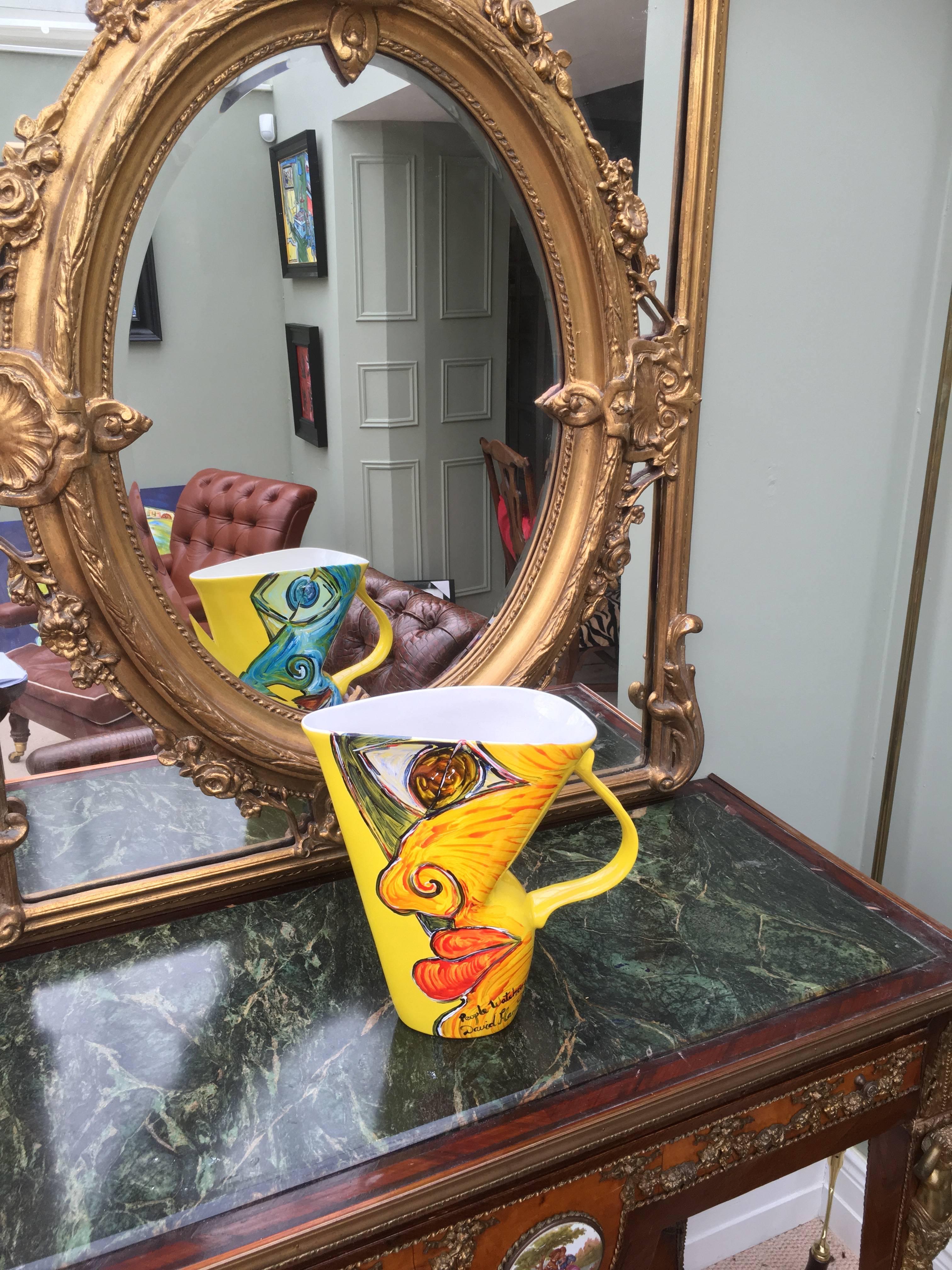Hand-Painted Painted Yellow Vintage Jug Vase, Original 'People Watching' by David Harper For Sale