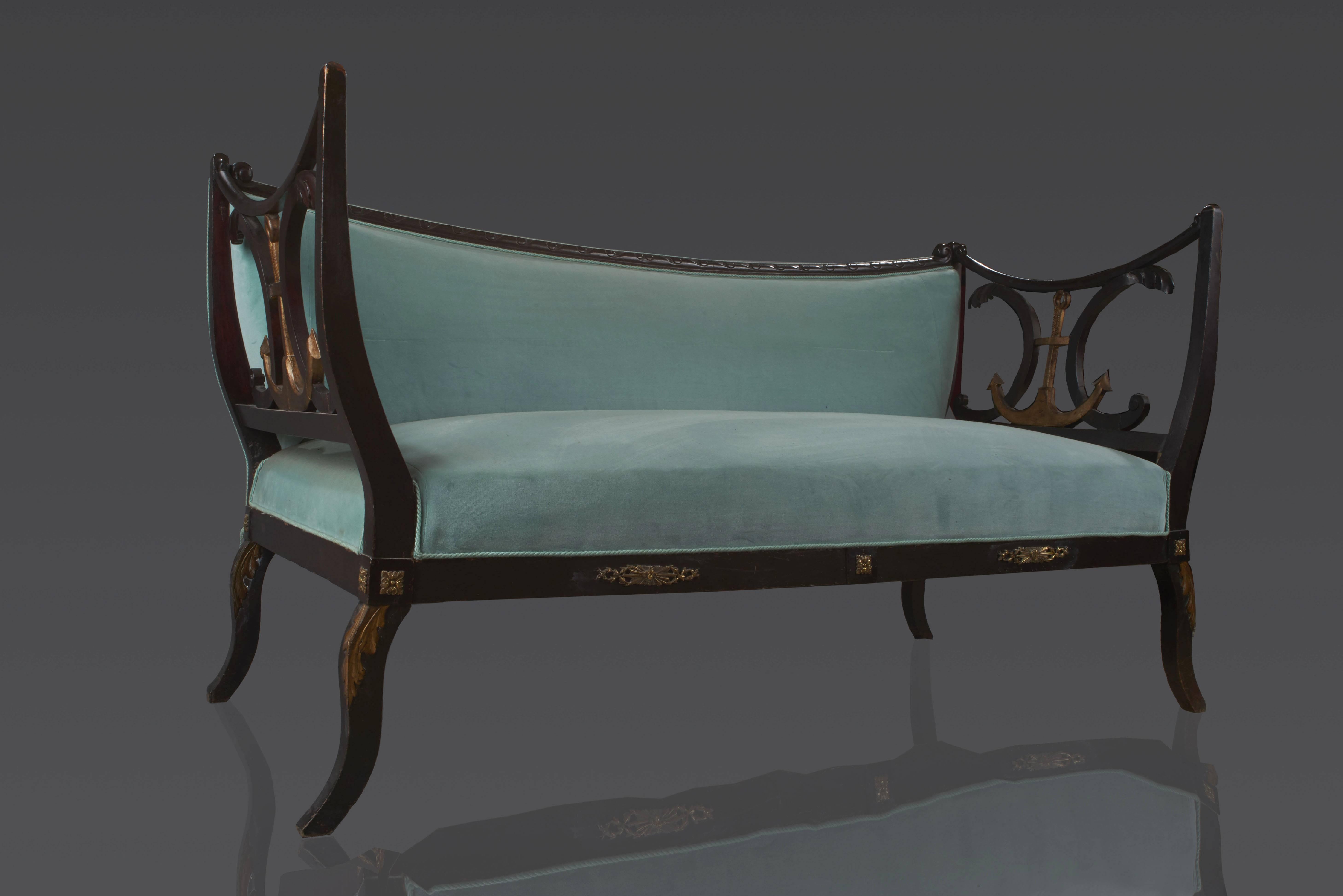 Carved Mahogany and Turquoise Velvet Sofa with Marine Anchors, Germany, XIXth For Sale 1