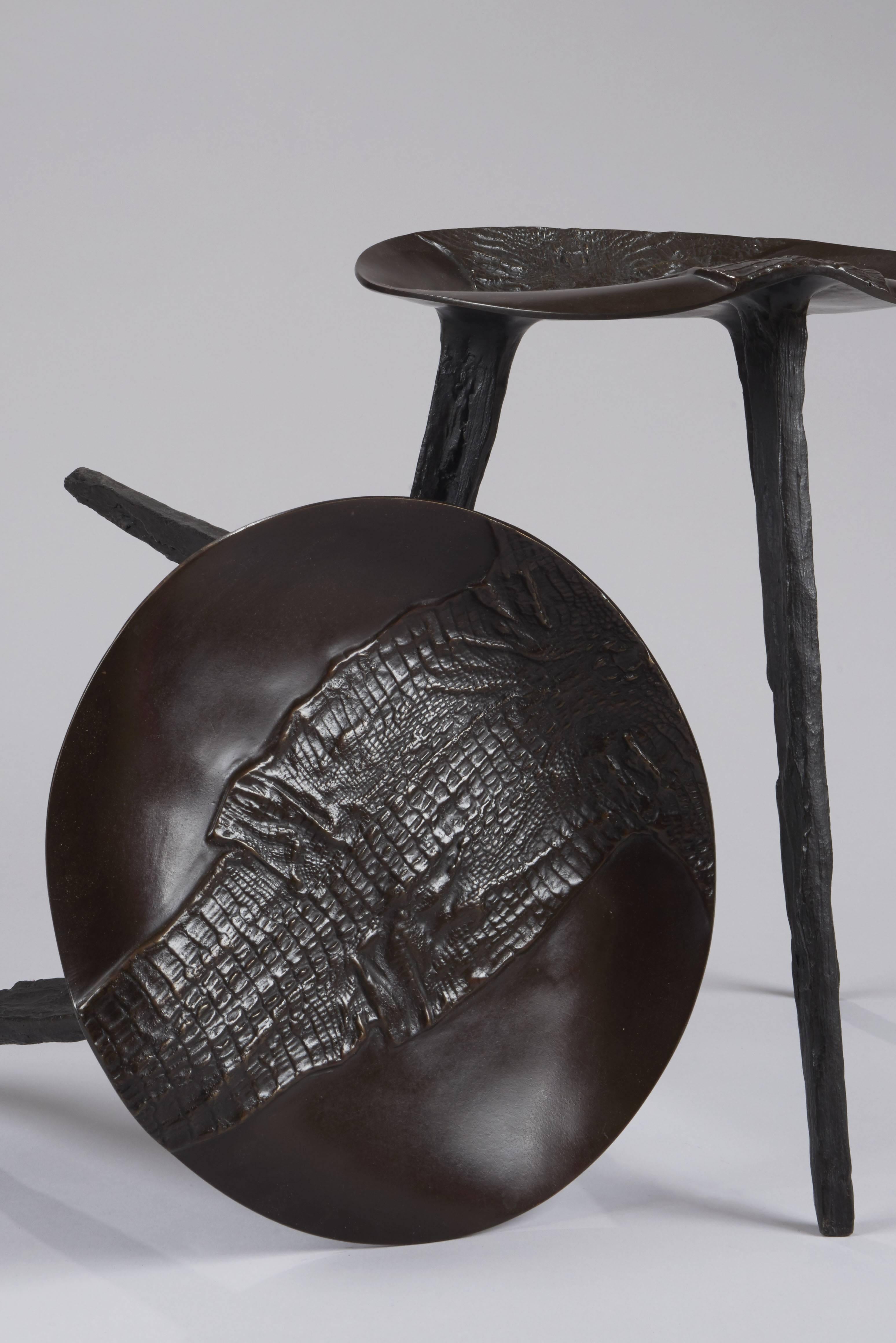 French Pair of Stools in Bronze with the Base in Crocodile Skin 