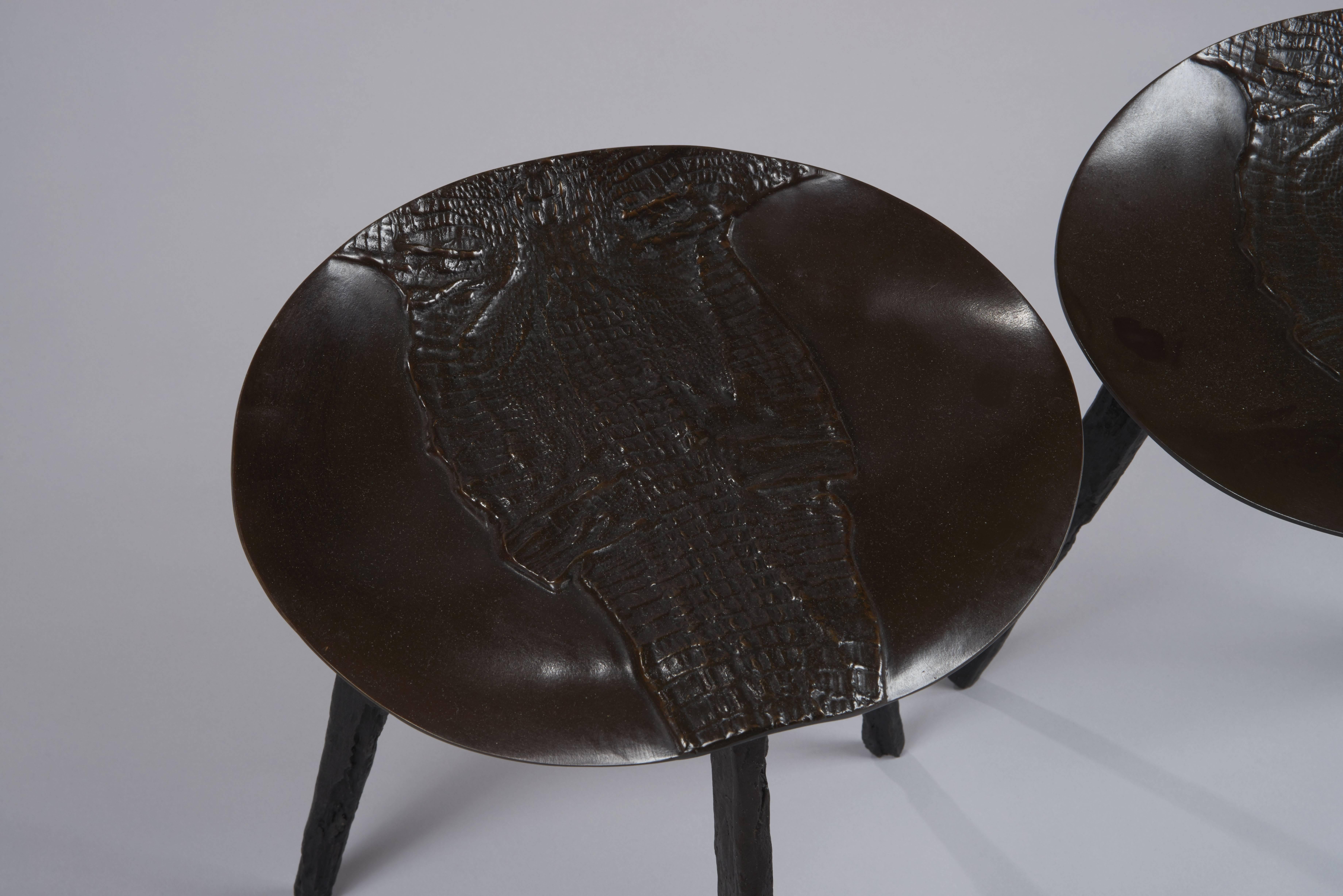Pair of Stools in Bronze with the Base in Crocodile Skin 