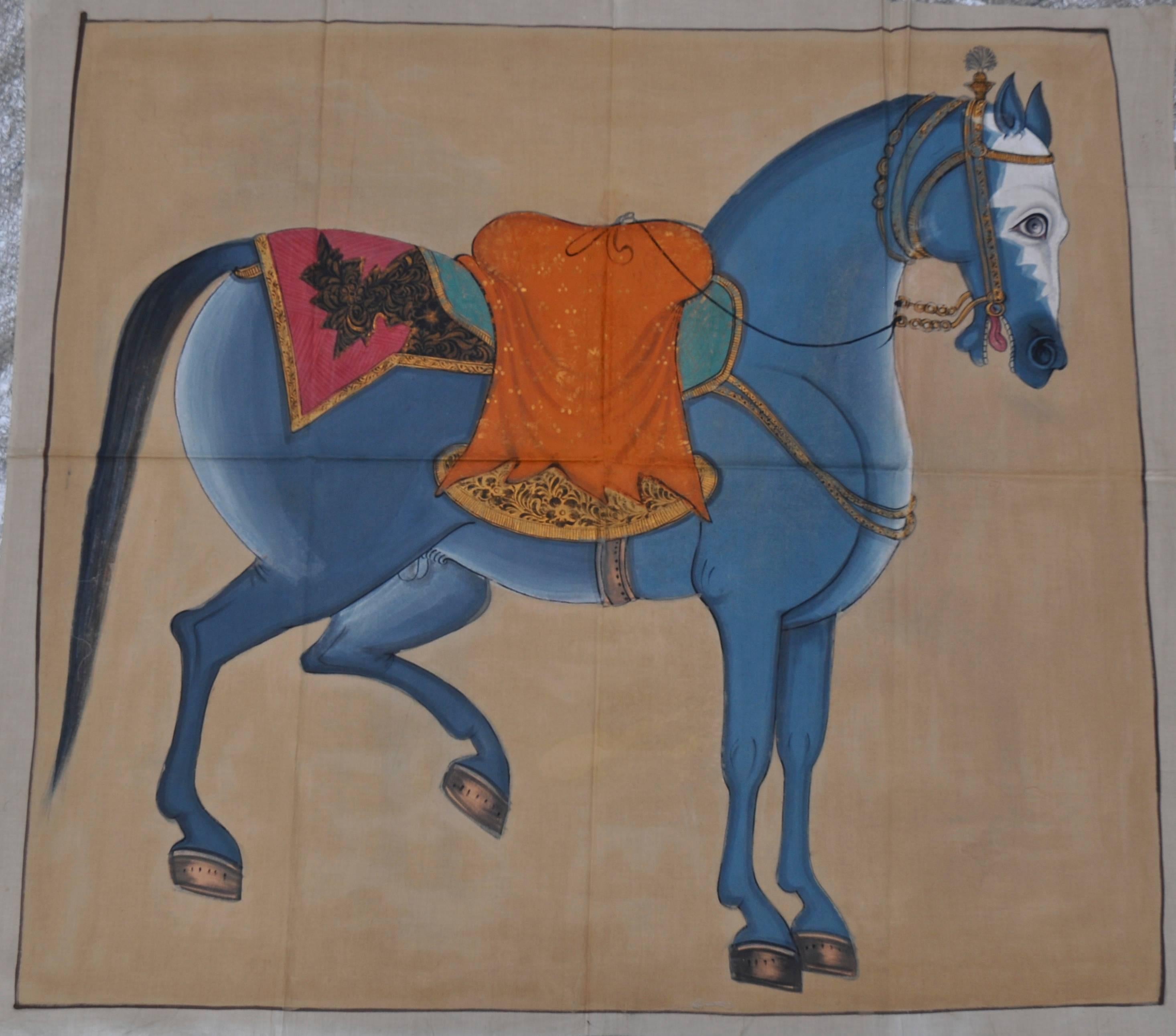 Exceptional painting on cotton (painted with vegetable pigments) representing a caparisoned horse, India, 20th century
Dimensions: 120 x H.105 cm.