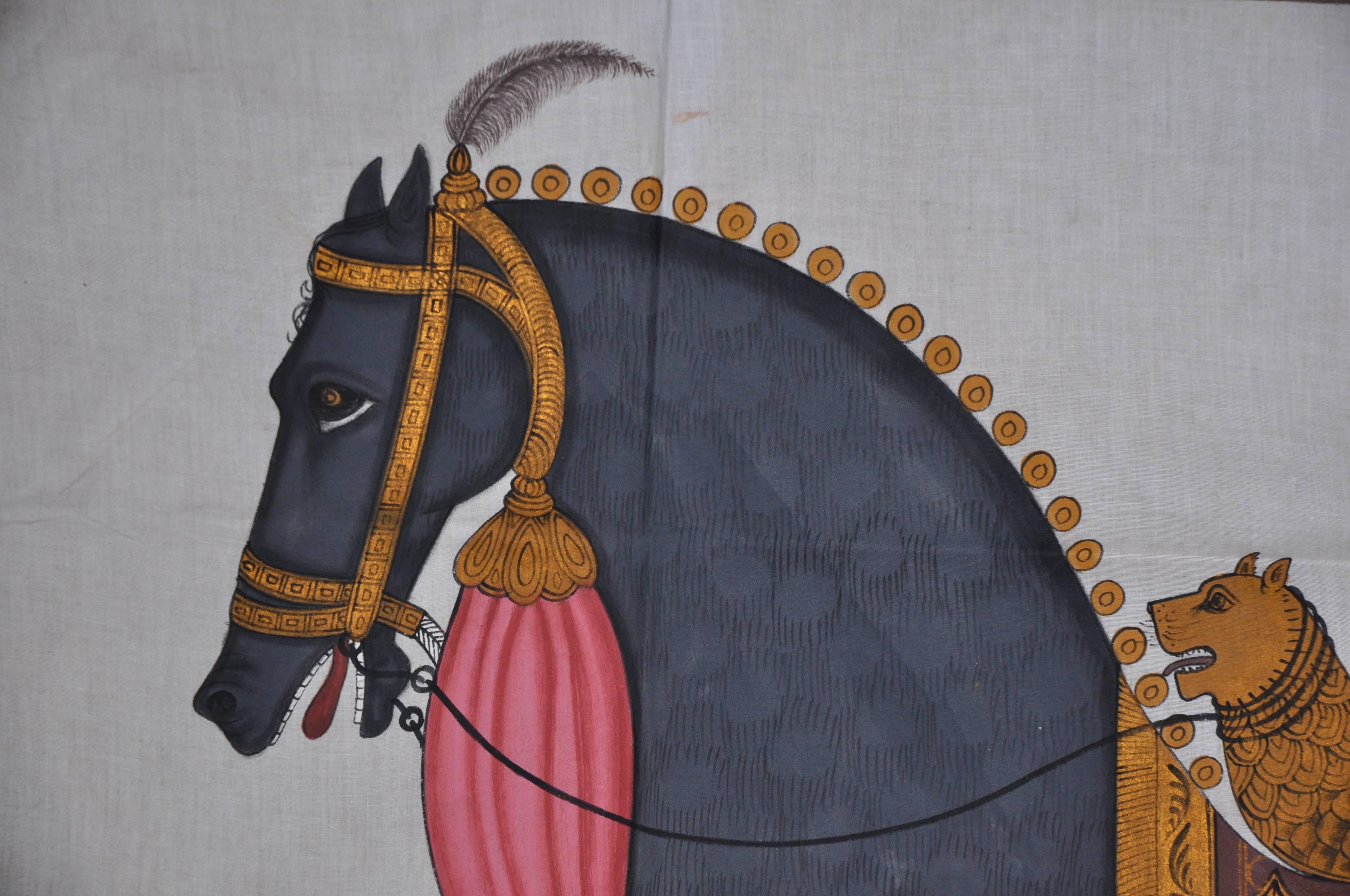 Exceptional painting, called pitchwaï on cotton (executed with vegetable pigments) representing a caparisoned horse, India, 20th century
Dimensions: 120 X H 92 cm.