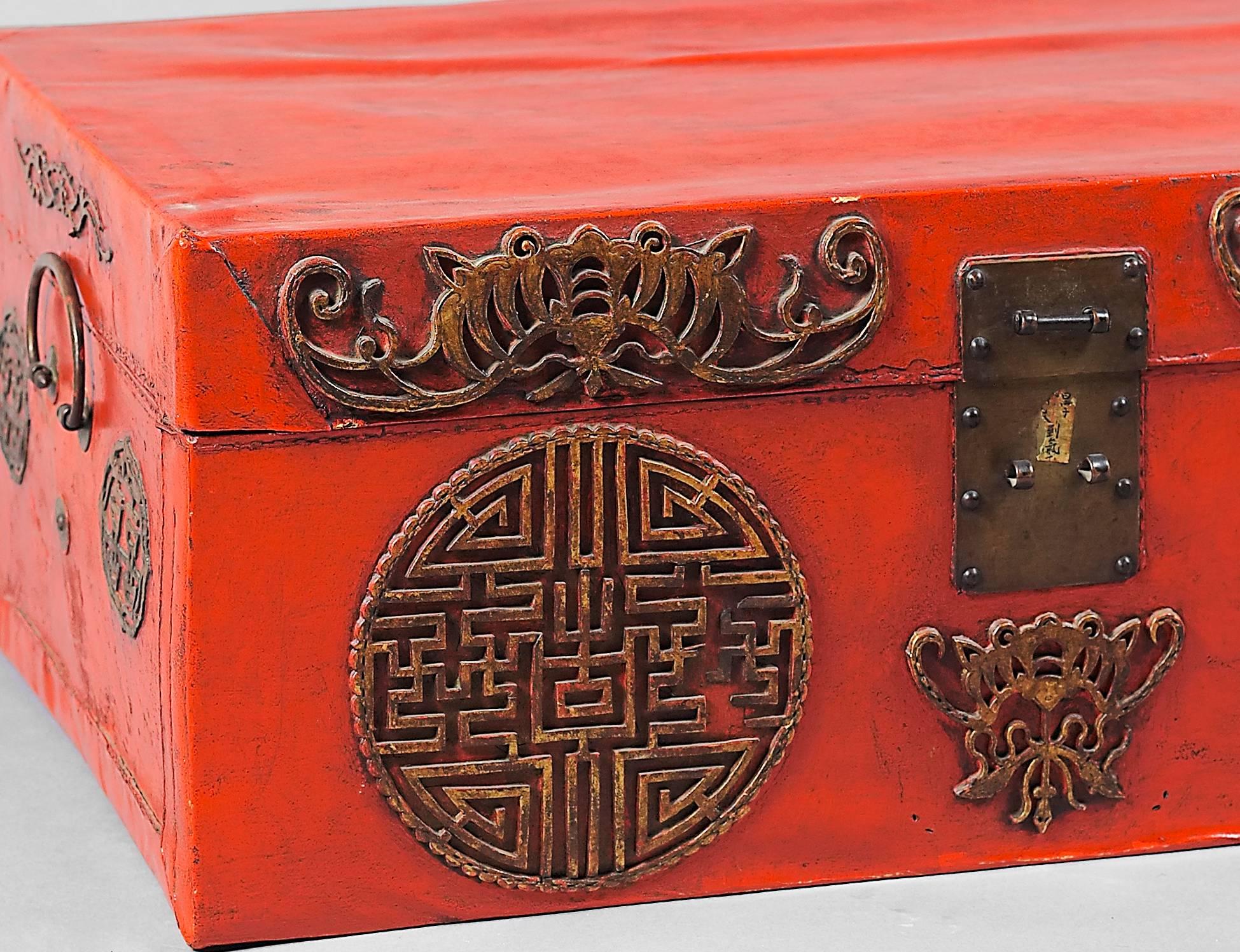 Chinoiserie Chests in Red Lacquered Leather, China, 19th Century For Sale