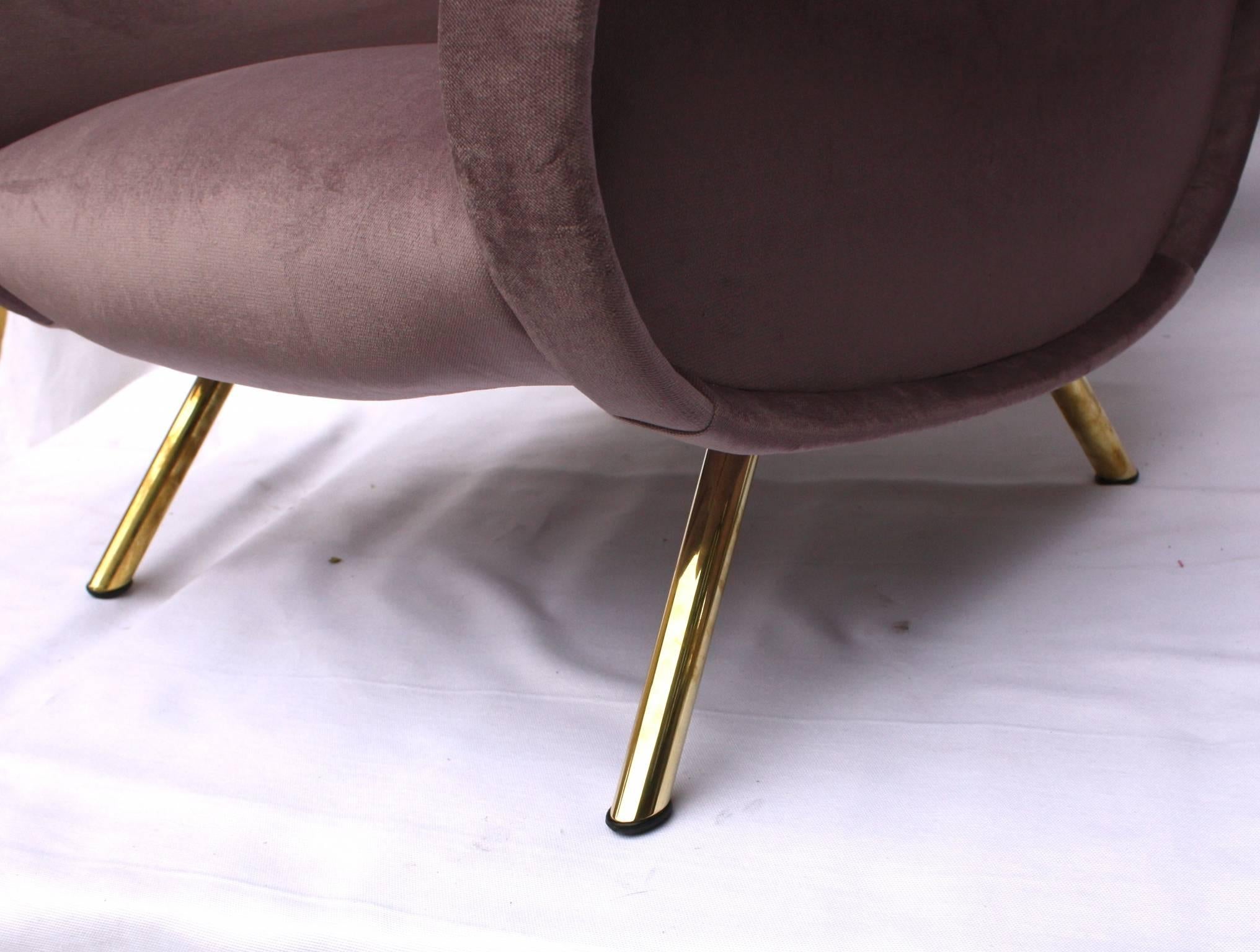 Marco Zanuso, two armchairs lady. New fabric and padding, synthetic velvet. Polished brass feet, Arflex, 1950. 
Winning of the award Compasso d'Oro.