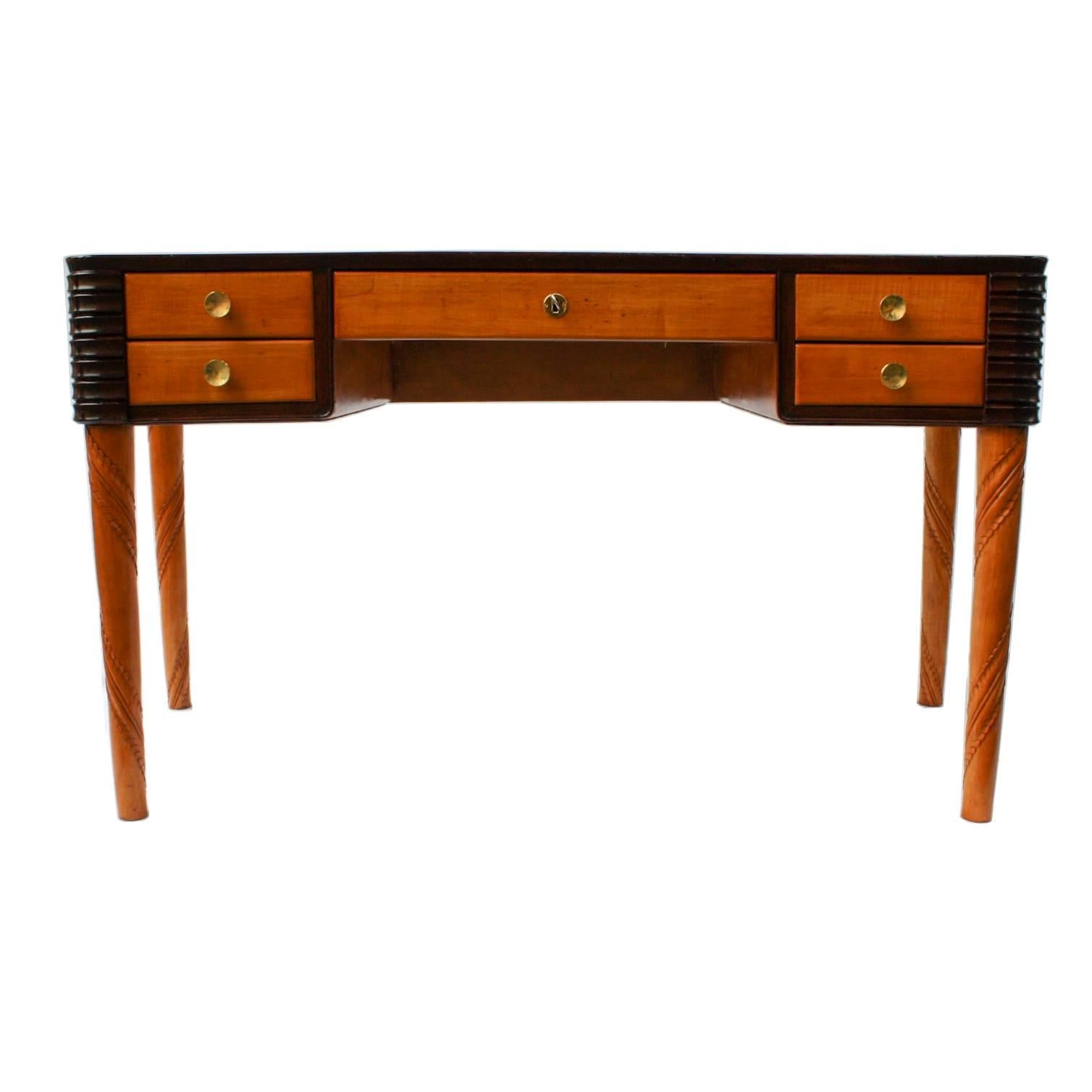 Paolo Buffa desk. Walnut and maple legs. Decoration by Giovanni Gariboldi on the legs. Cantù, Italia, circa 1950.