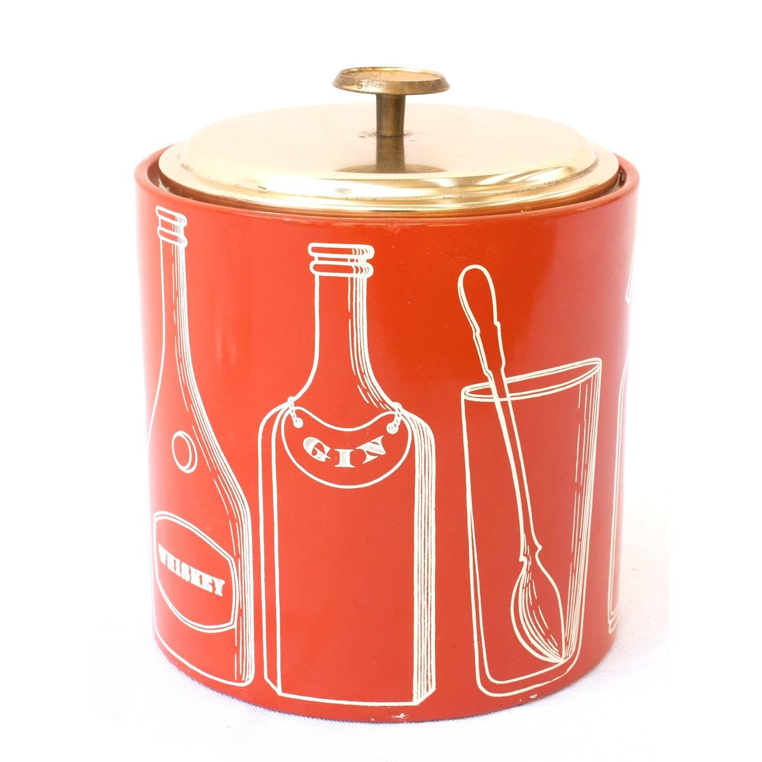 Aluminium screen printed ice bucket created by Piero Fornasetti for Fiat, Turin in circa 1960. Signed at the bottom. A few lines on the brass lid. Free shipping.