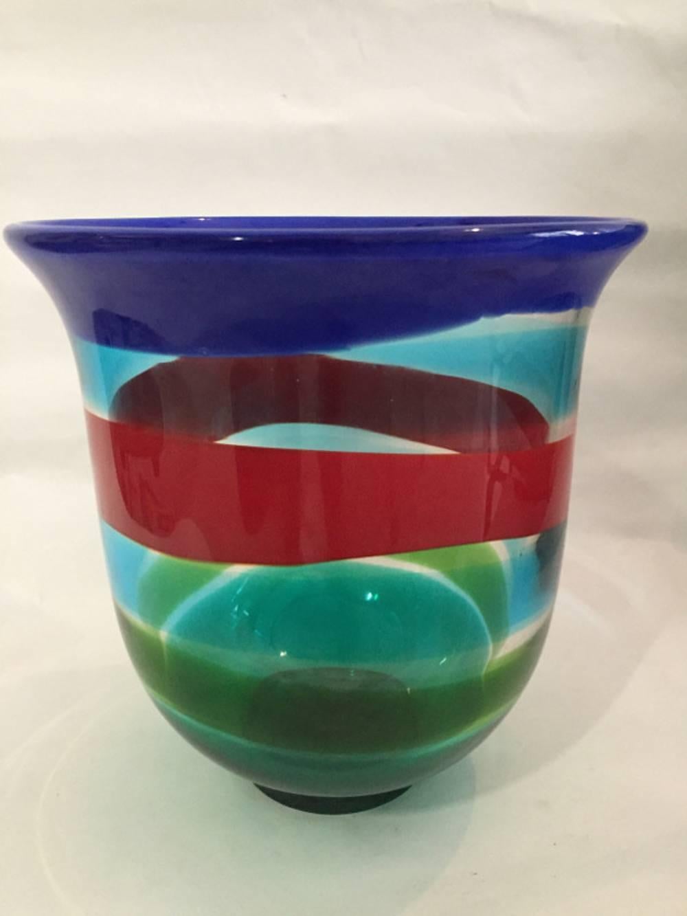 Berit Johansson for Salviati, modern Murano glass vase with blue, yellow, orange and green banded decoration, etched mark Salviati B. Johansson 92.