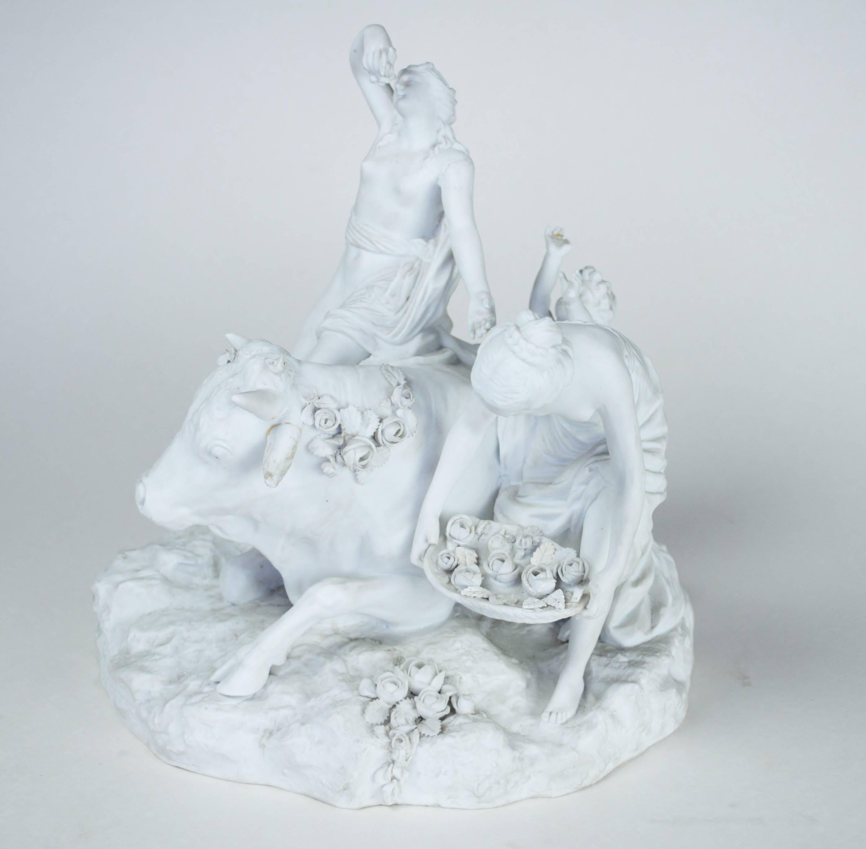 A mid-19th century, Parian-ware group figure depicting The abduction of Europa by Zeus as a white Bull. 

Europa was the beautiful daughter of the Phoenician king of Tyre, Agenor. 

Zeus, the King of the gods according to Greek mythology, saw