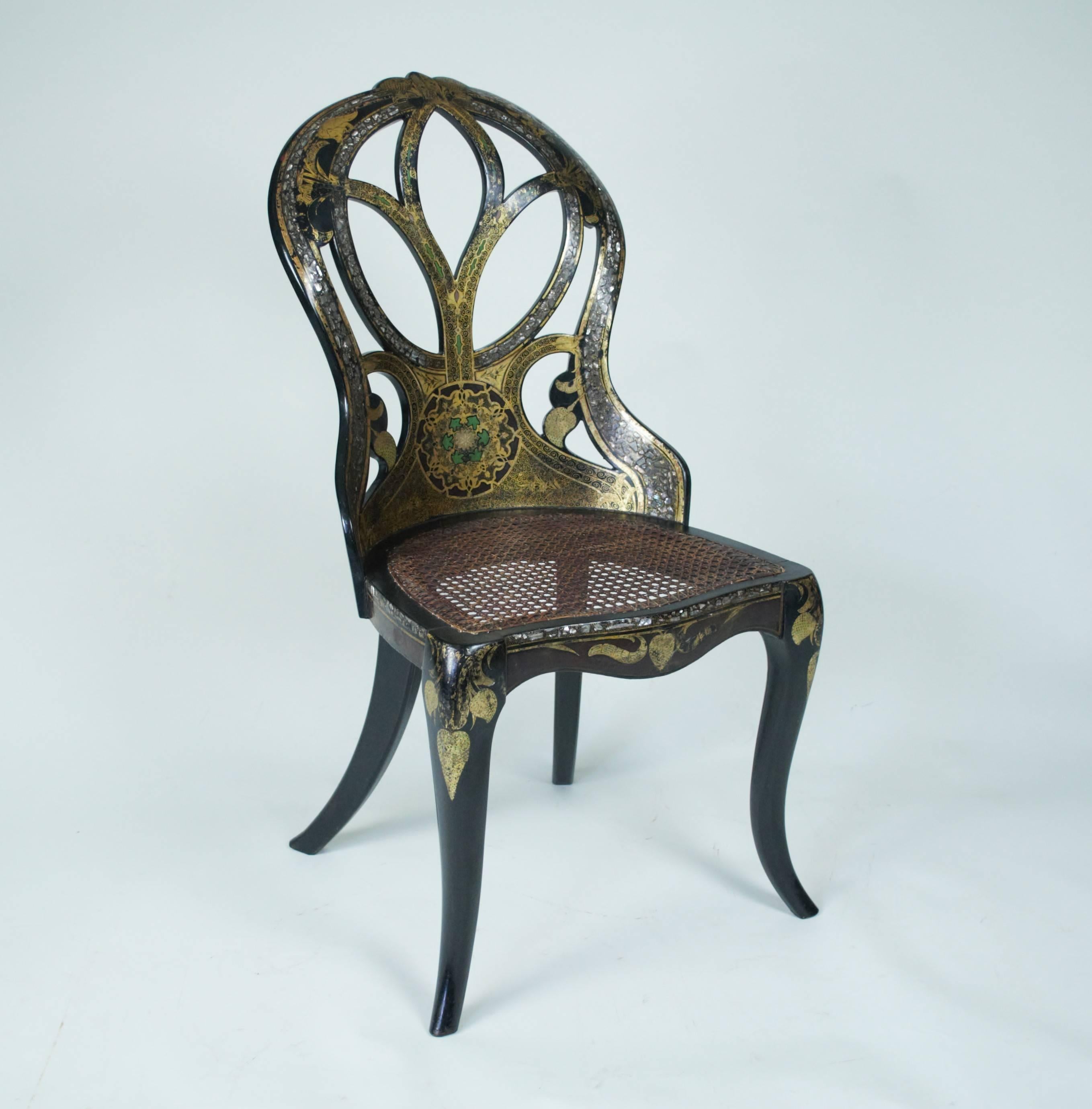 Victorian Pair of Papier-Mâché Japanned Lacquer Side Chairs by Bettridge