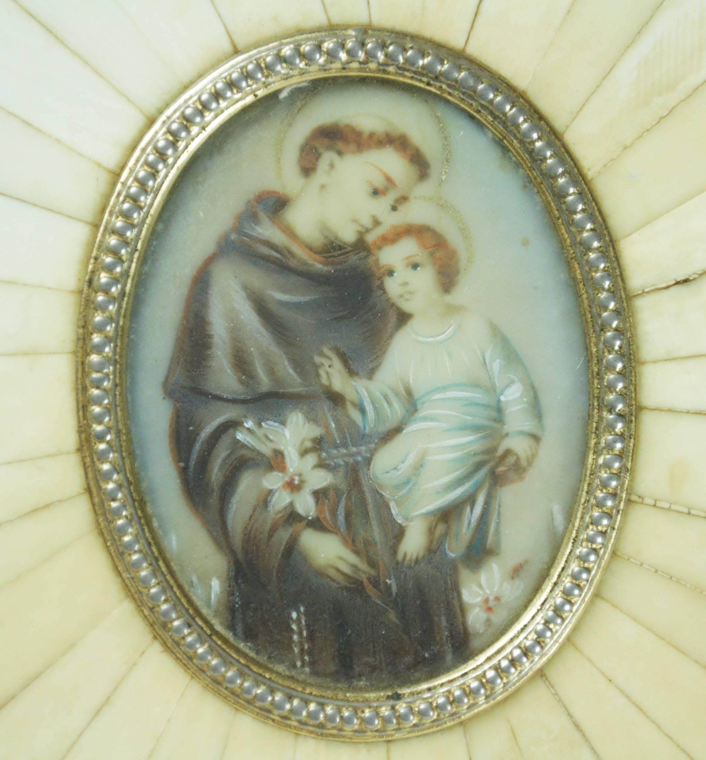 French Pianted Miniature of Saint Anthony and Christ Child For Sale