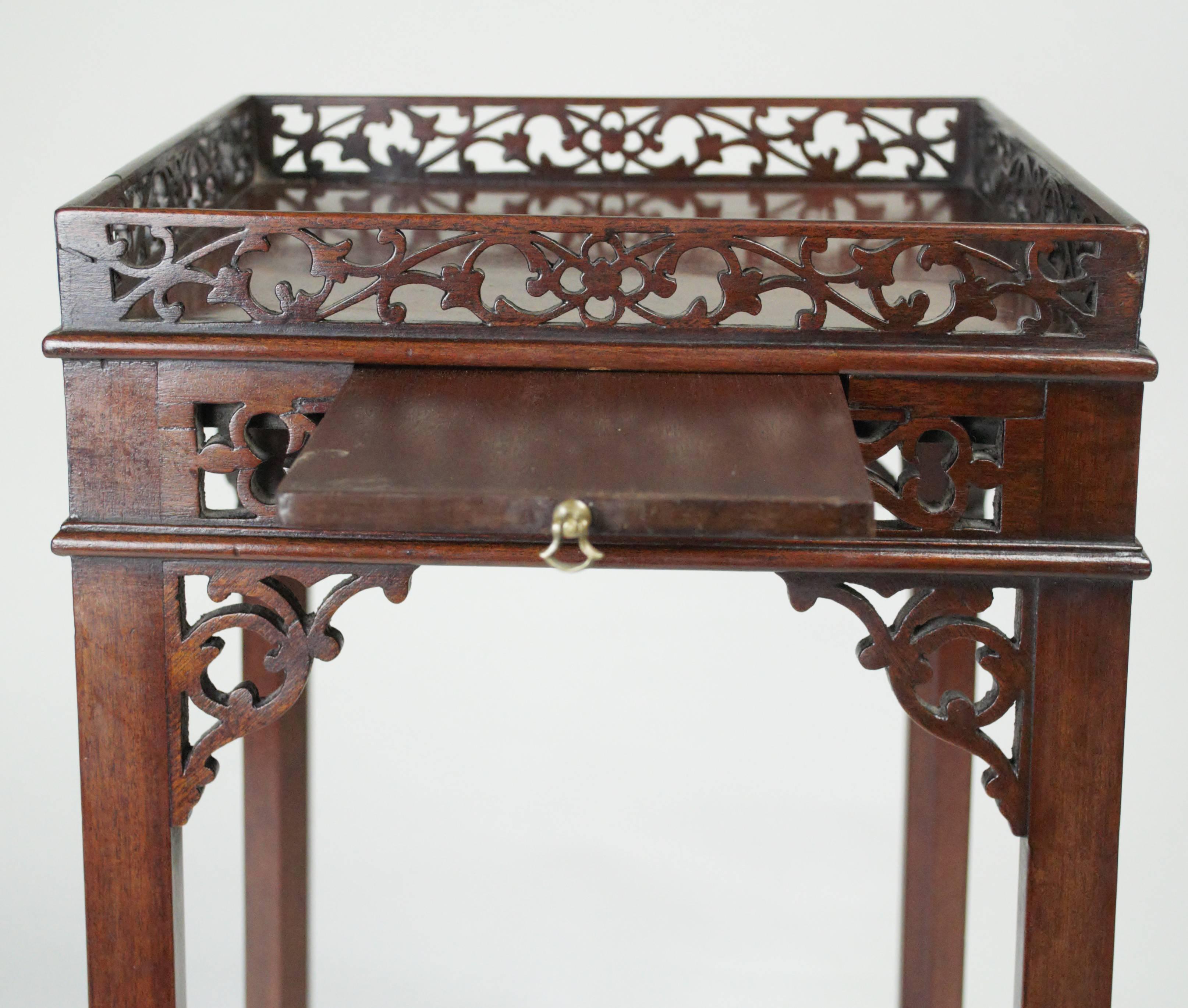 Fretwork Chippendale Inspired and Unusual Mahogany Kettle Stand of Square Form For Sale