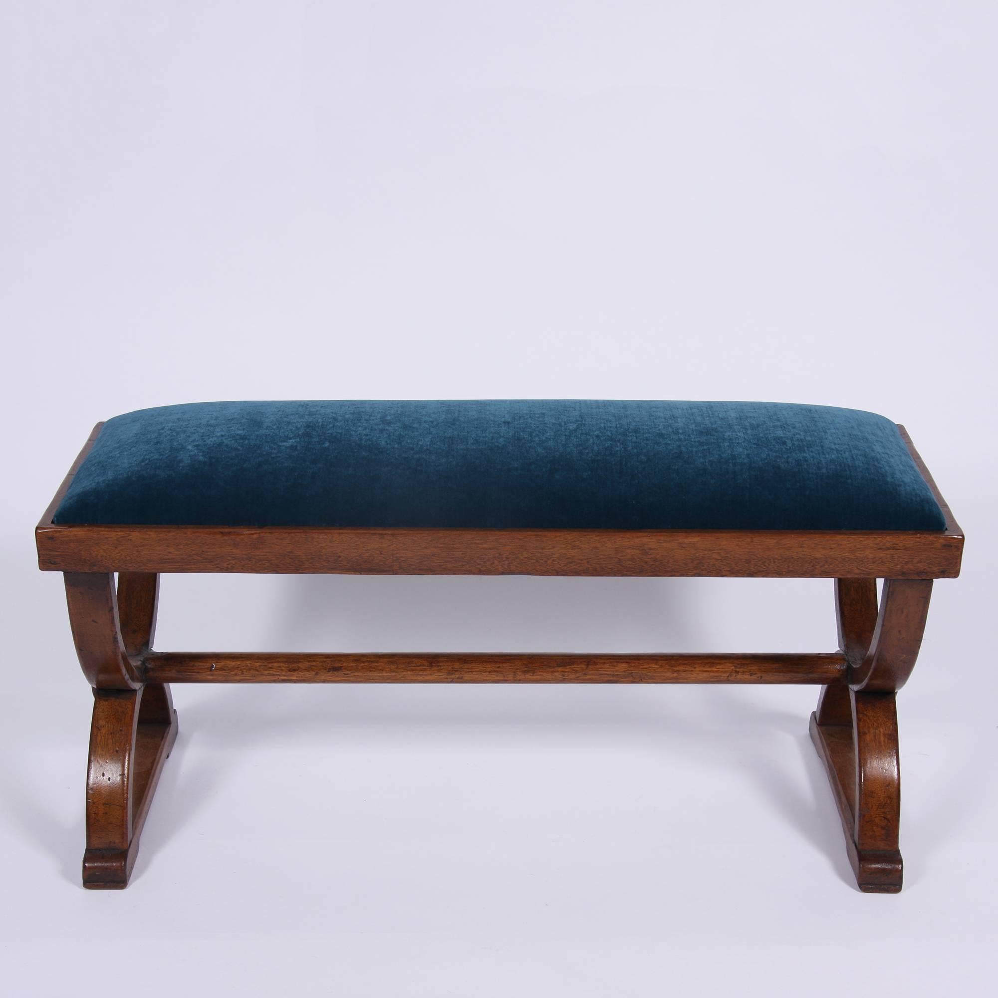 Beautiful oak stool, re-upholstered in luxurious teal velvet. Perfect for an entrance hall, or at the end of a bed.
