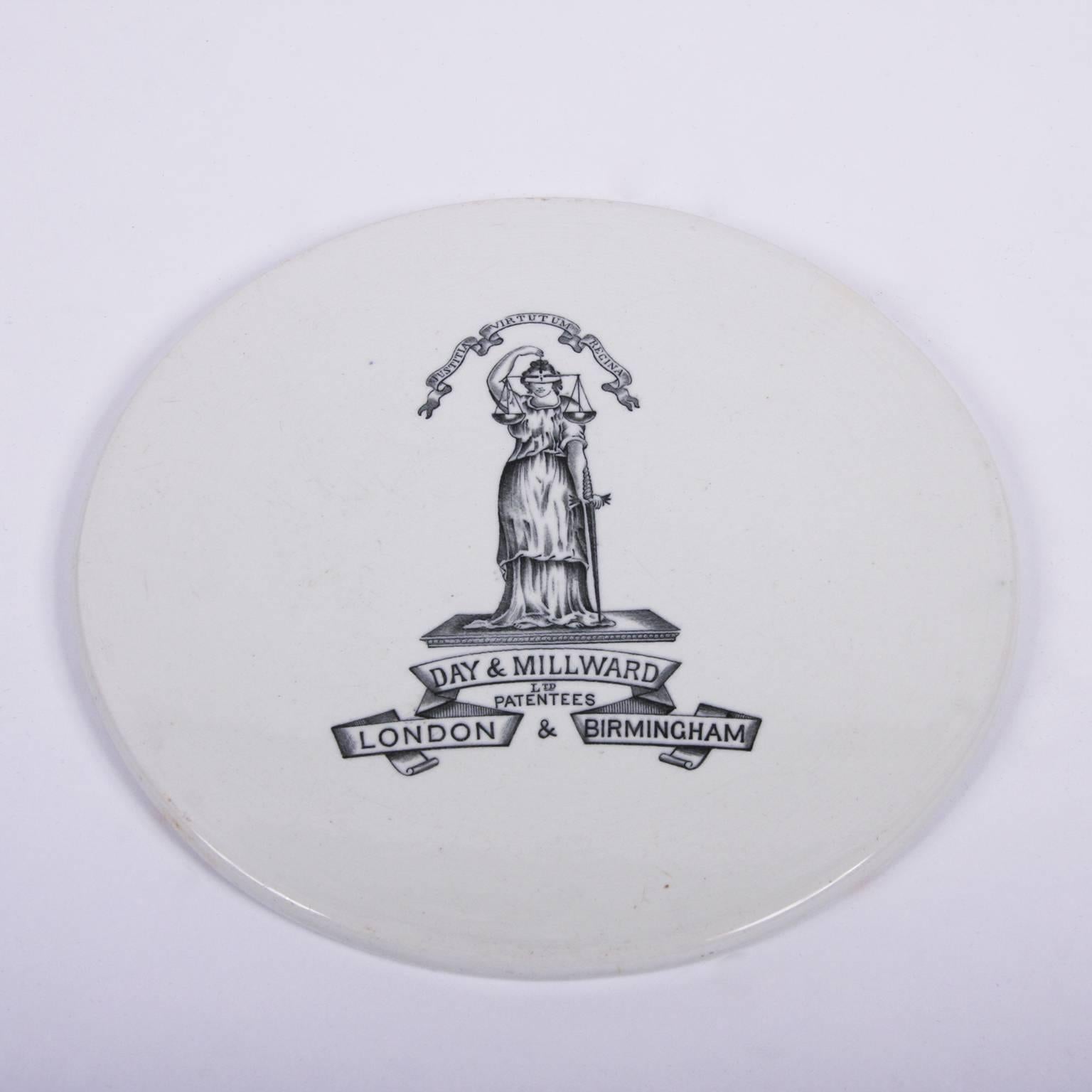 English, 19th century

A fantastic porcelain dairy scale plate, produced by Day & Millward, London & Birmingham. The text is housed in a banner ribbon and the image depicts lady justice with scales. This scale plate is in great condition and makes