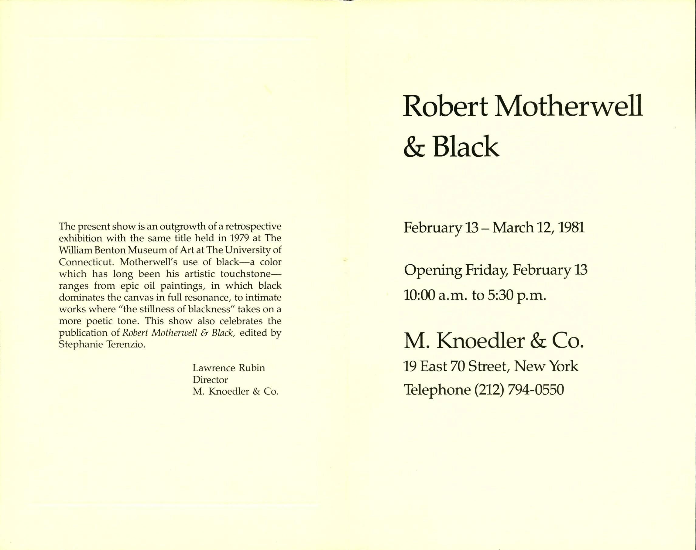 Vintage Robert Motherwell announcement card
M. Knoedler Gallery, New York, 1981
Measure: 7.5 x 9 inches
Very good condition
Suitable for framing.

About Robert Motherwell
Alongside Jackson Pollock, Mark Rothko and Willem de Kooning, Robert