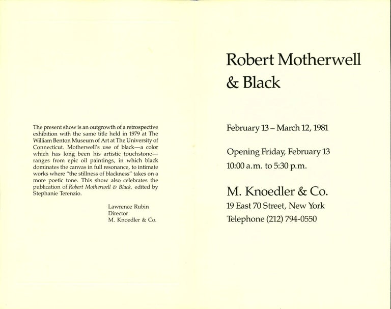 Vintage Robert Motherwell announcement card
M. Knoedler Gallery, New York, 1981
Measure: 7.5 x 9 inches
Very good condition
Suitable for framing.

About Robert Motherwell
Alongside Jackson Pollock, Mark Rothko and Willem de Kooning, Robert