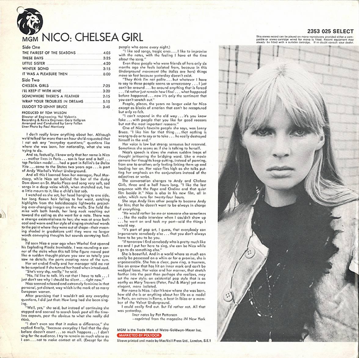 Nico, Chelsea Girl, original 1971 UK vinyl record. A stand-out vintage Warhol-related collectible well-suited fro framing. 

Dimensions: 12 x 12 inches.
In excellent overall condition for its age. Tiny hole punch on lower left from record label.