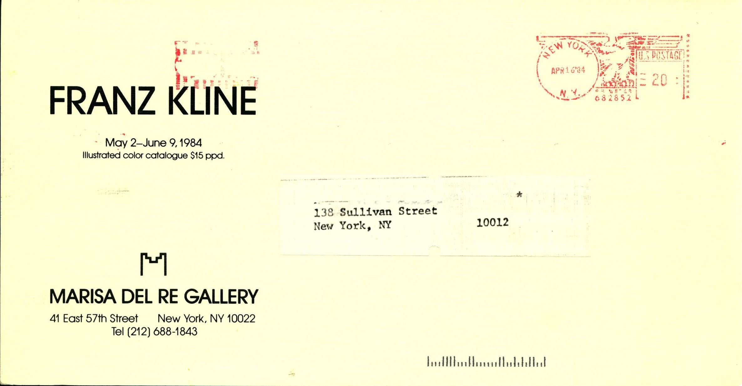 Franz Kline at Marissa Del Re Gallery, 1984
Vintage original announcement card
Well suited for framing 
Dimensions: 4 x 8 inches
Very good condition 

Abstract Expressionist Franz Kline is known for his large black-and-white paintings that treat the