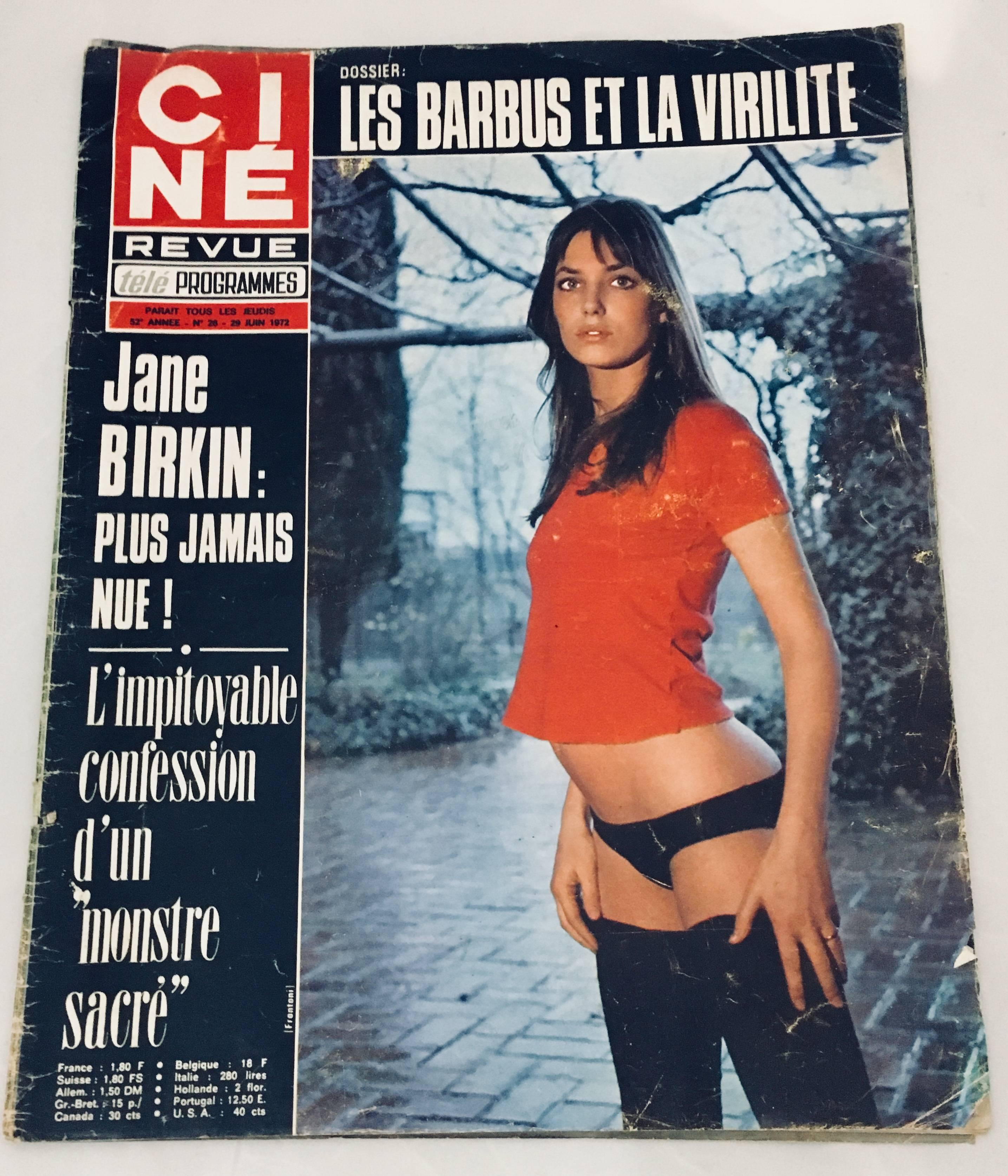 Original early 1970s Cine Reveue featuring a beautiful front cover photo of Jane Birkin. A stand out vintage pop art collectible that looks very chic framed. 

Dimensions: 10 x 13 inches.
Medium level signs of wear; fair to good condition; binding