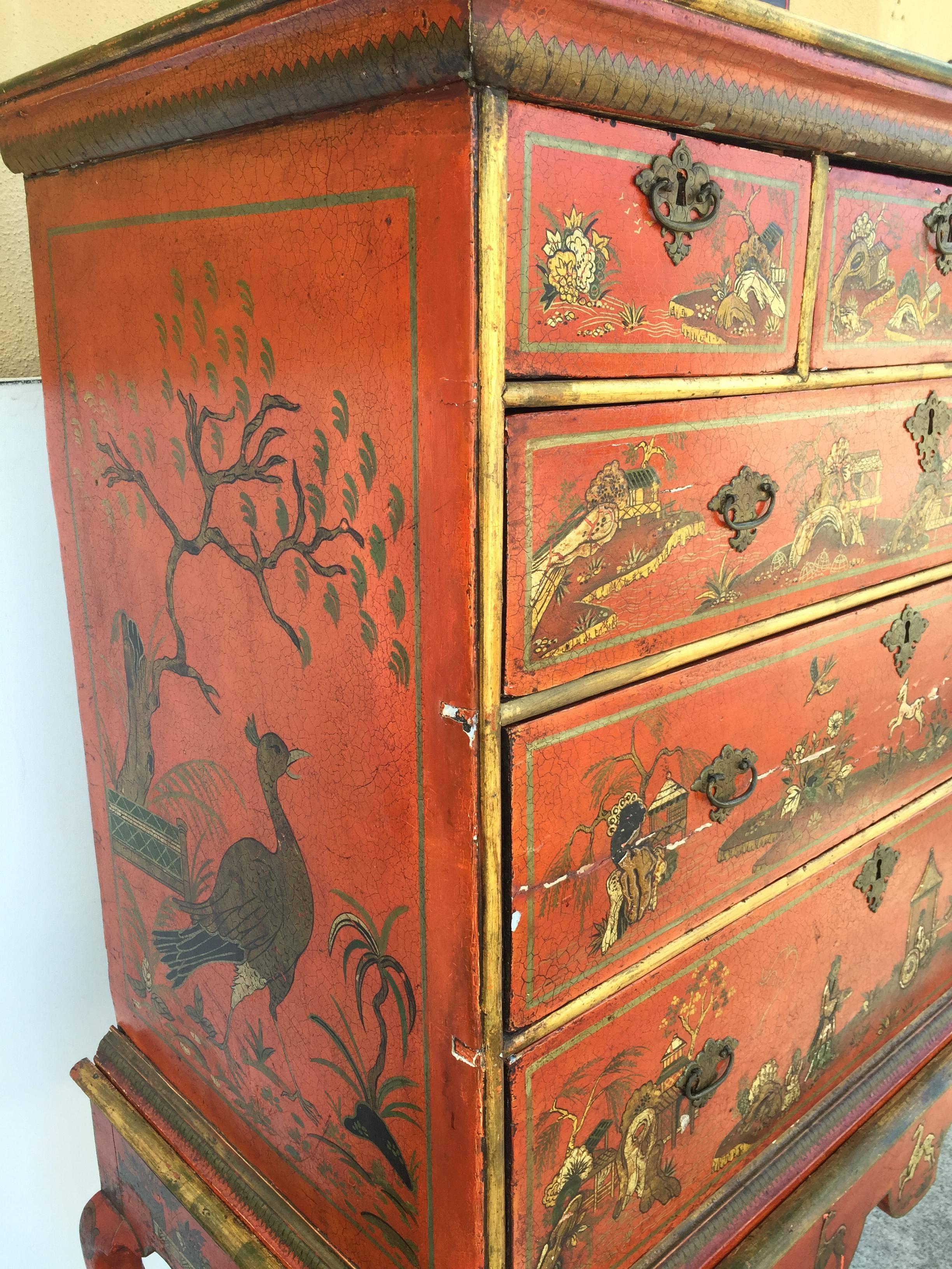 Well proportioned Queen Ann style English chest on stand, japanned in red and gilt. Three drawers over three graduated drawers, resting on finely shaped cabriole legs terminating in a spade foot with scalloped apron, late 18th century.