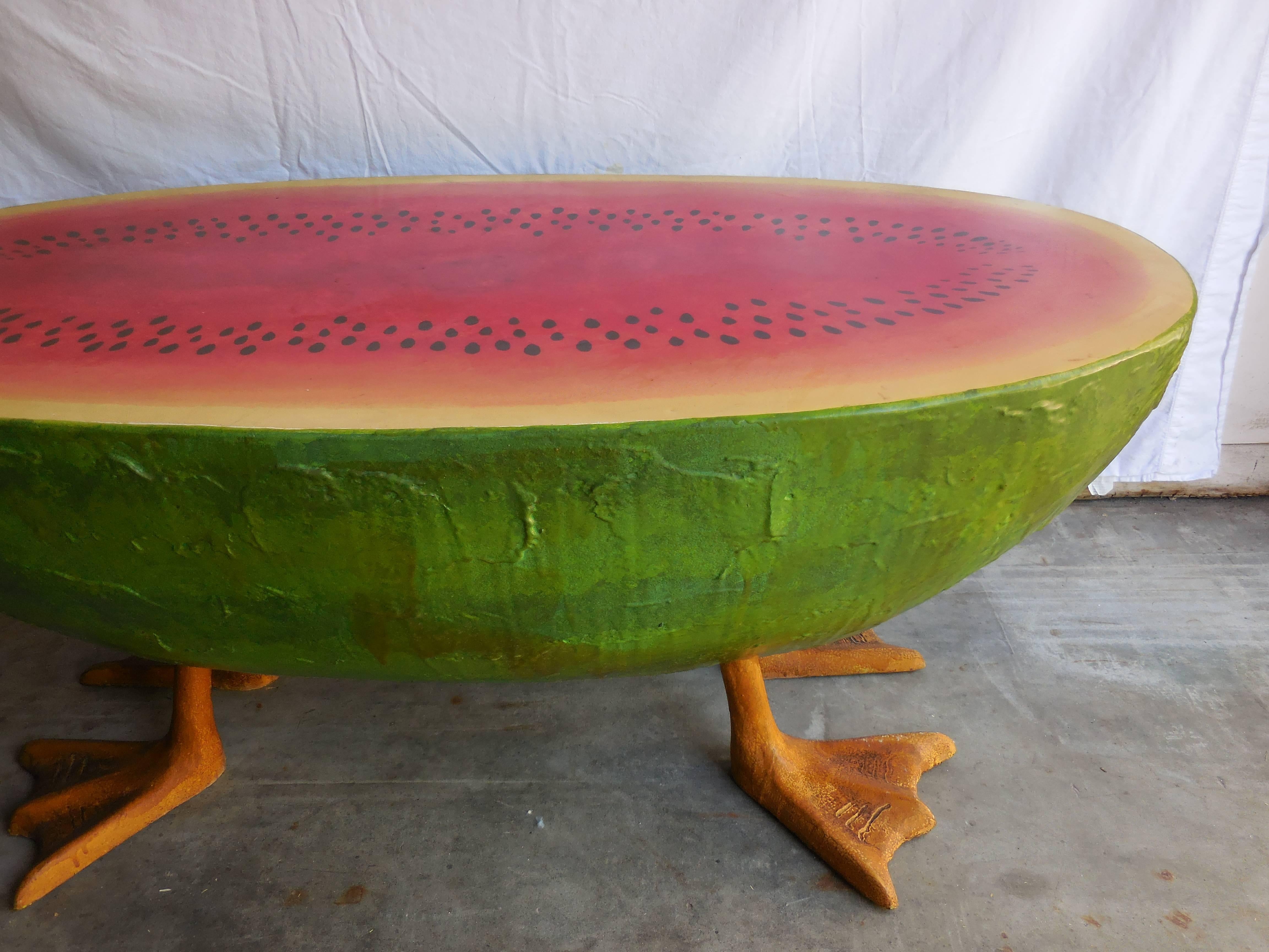 Custom Mid-Century watermelon coffee table with duck feet. Made of fiberglass and signed on top. A true one of a kind!
