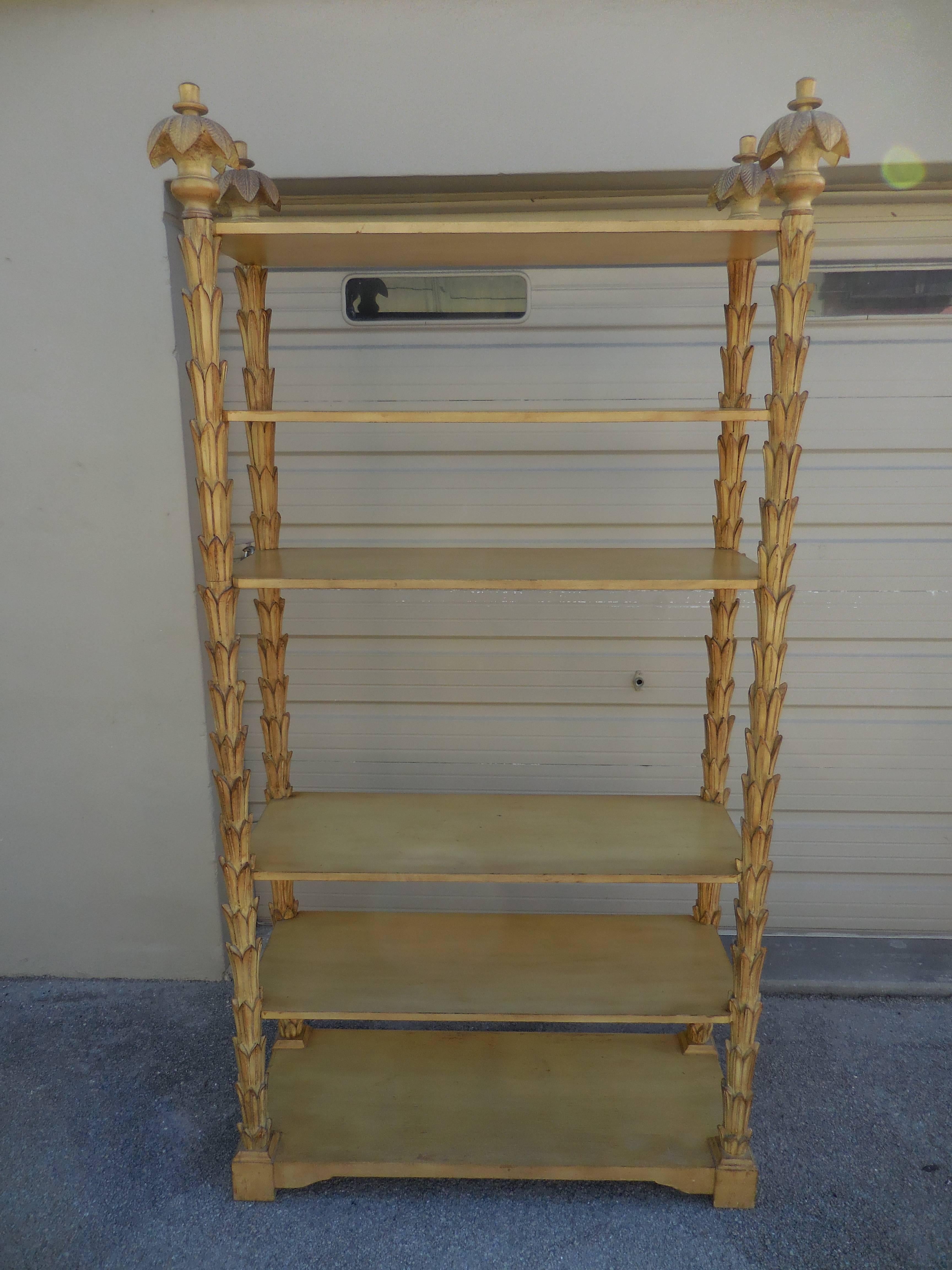 Beautiful Mid-Century palm Etagere. Painted a rustic yellow with patina.