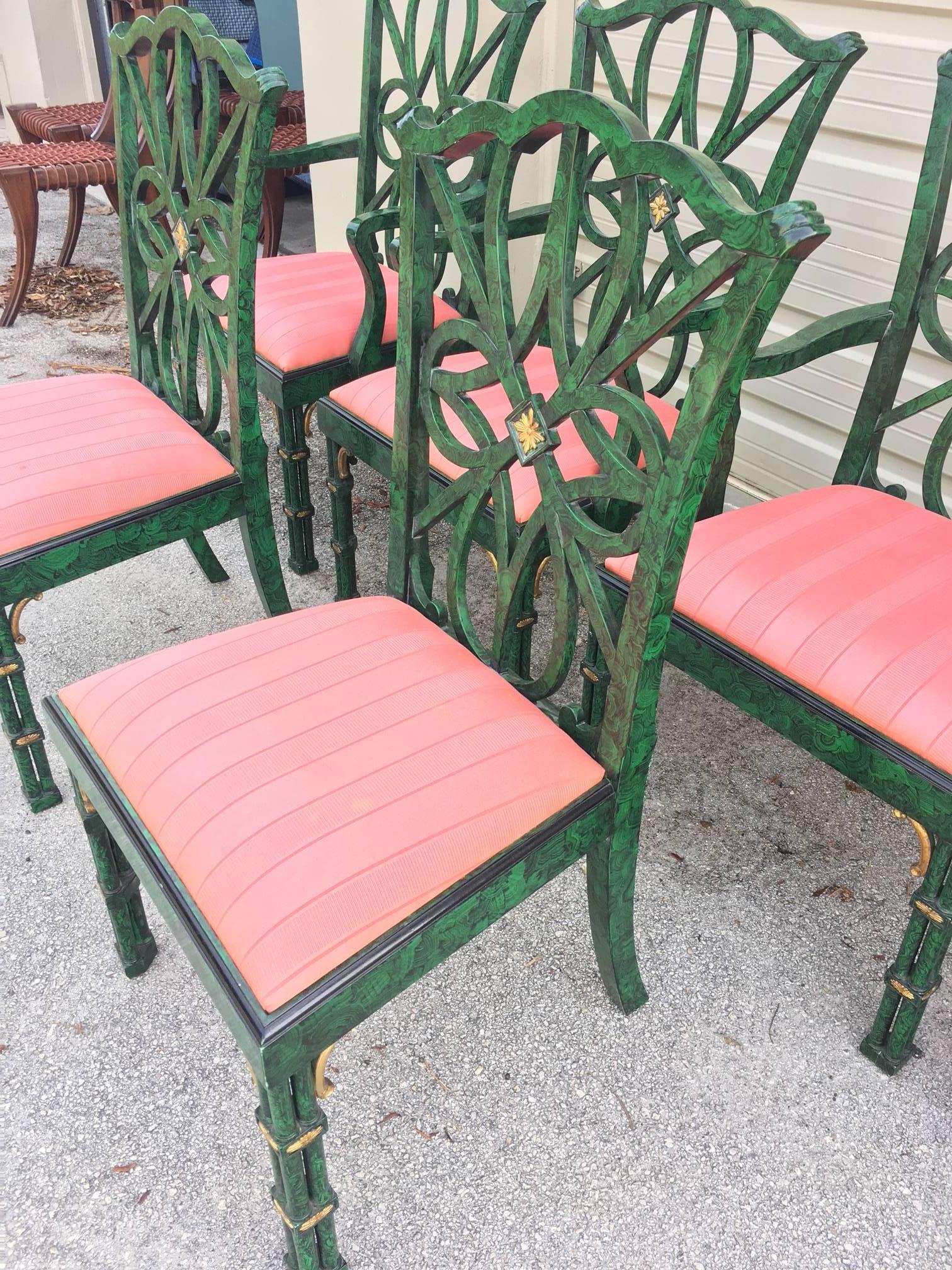 Set of eight faux malachite dining chairs by Smith and Watson, 20th century. Compromising six armchairs and two side chairs.
