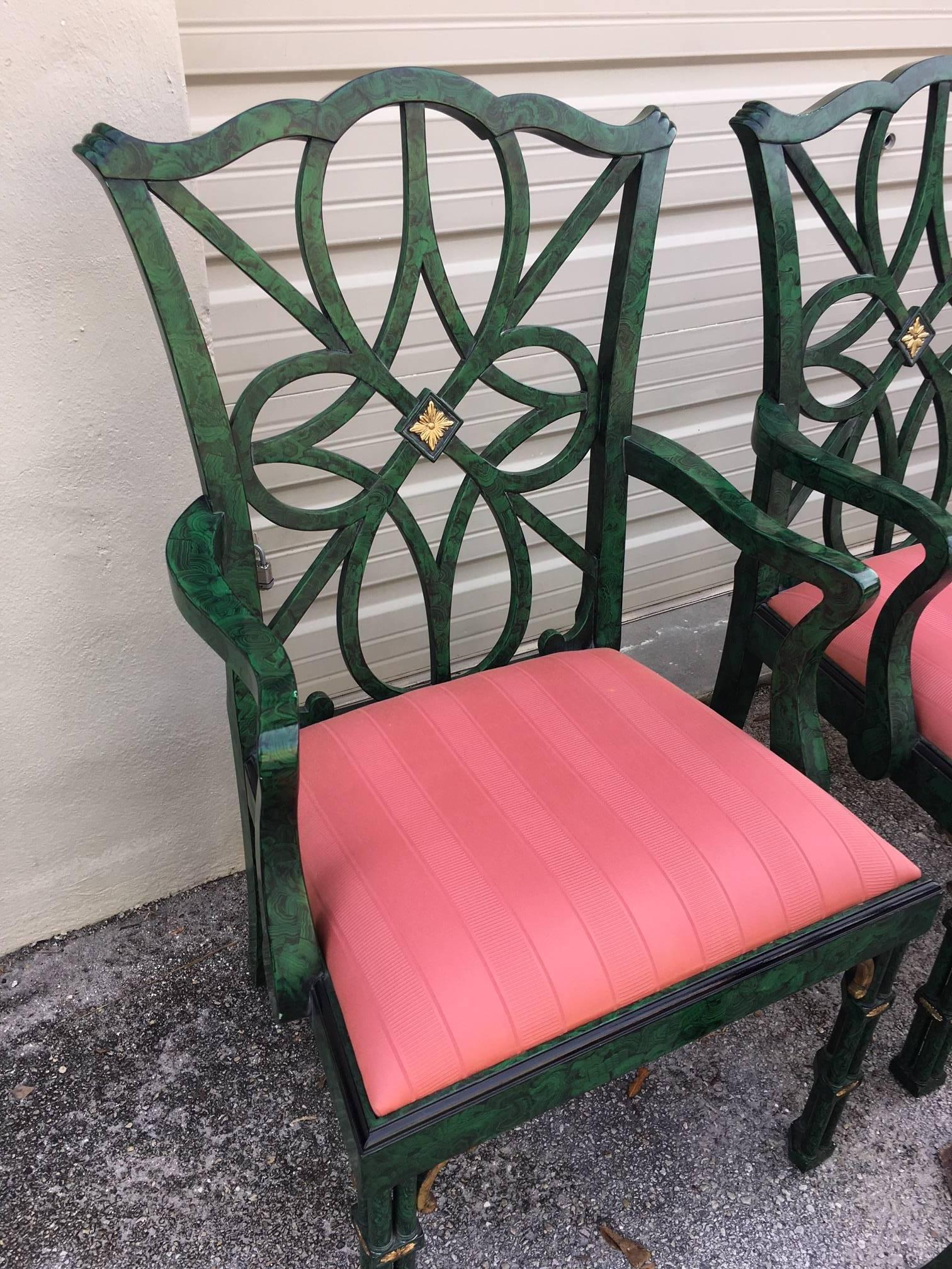 Smith and Watson Faux Malachite Dining Chairs In Good Condition For Sale In West Palm Beach, FL