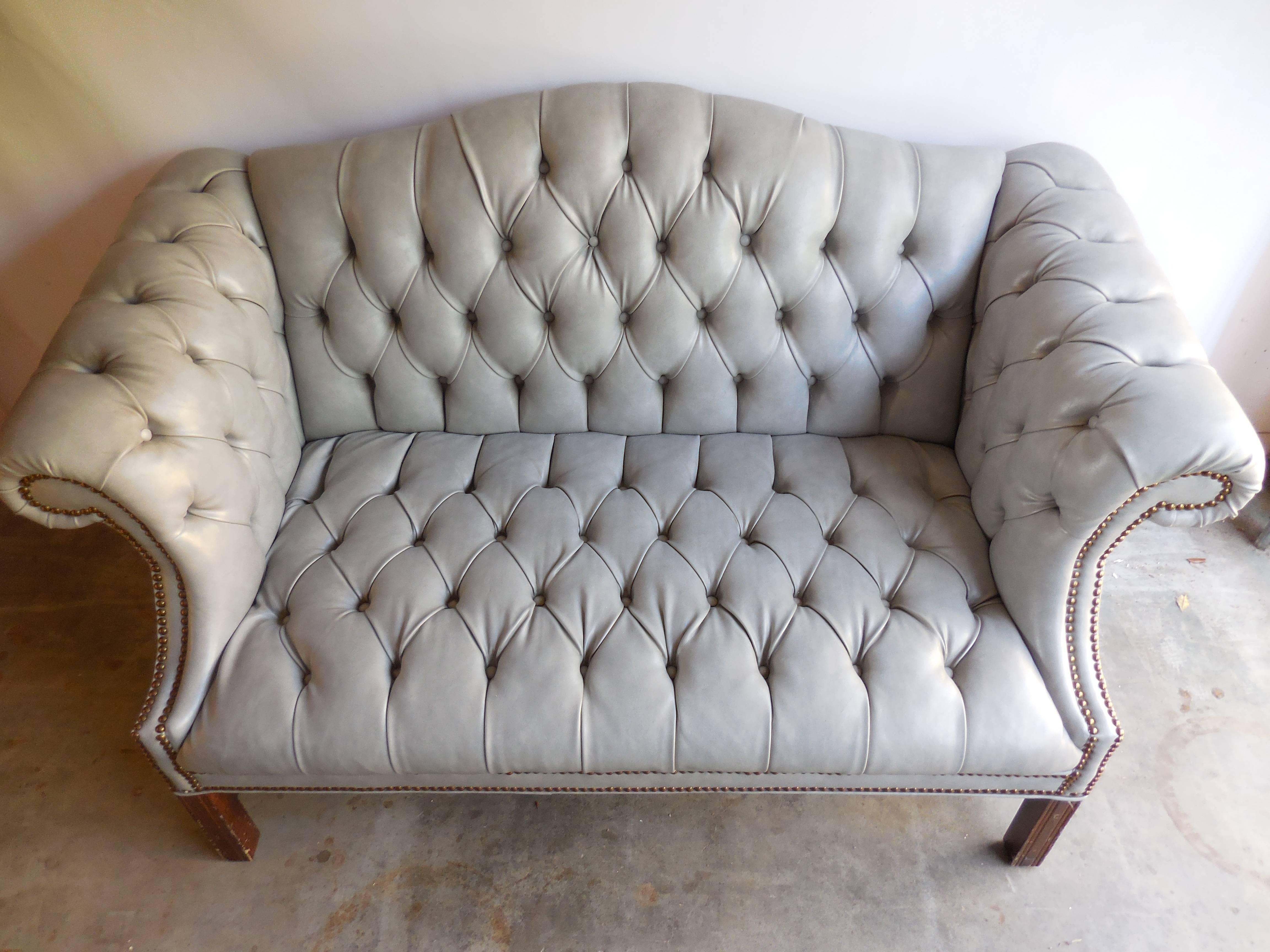 American Chippendale Tufted Leather Settee For Sale