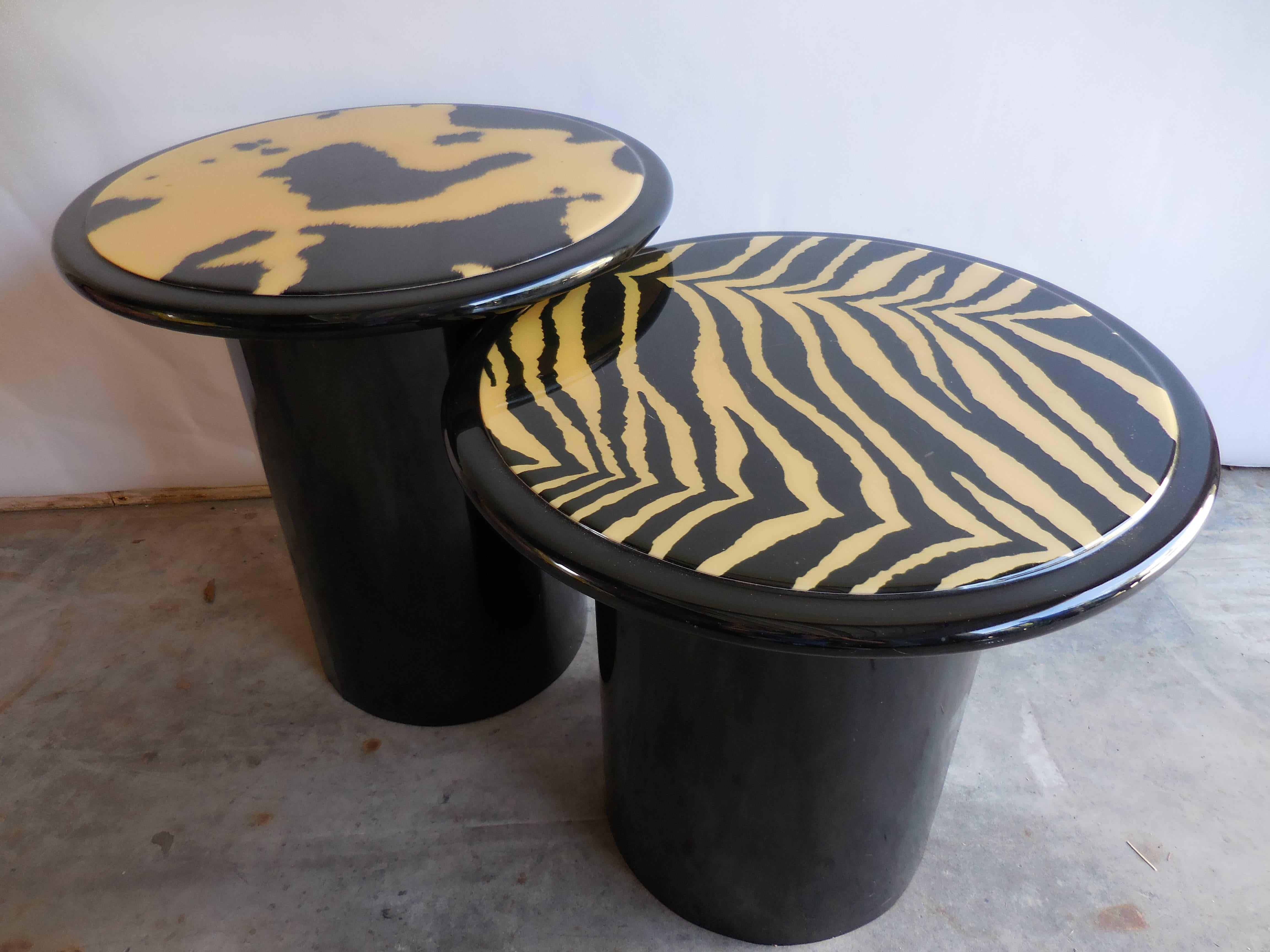 Modern painted hide and lacquered tables, circa 1960. In excellent condition.