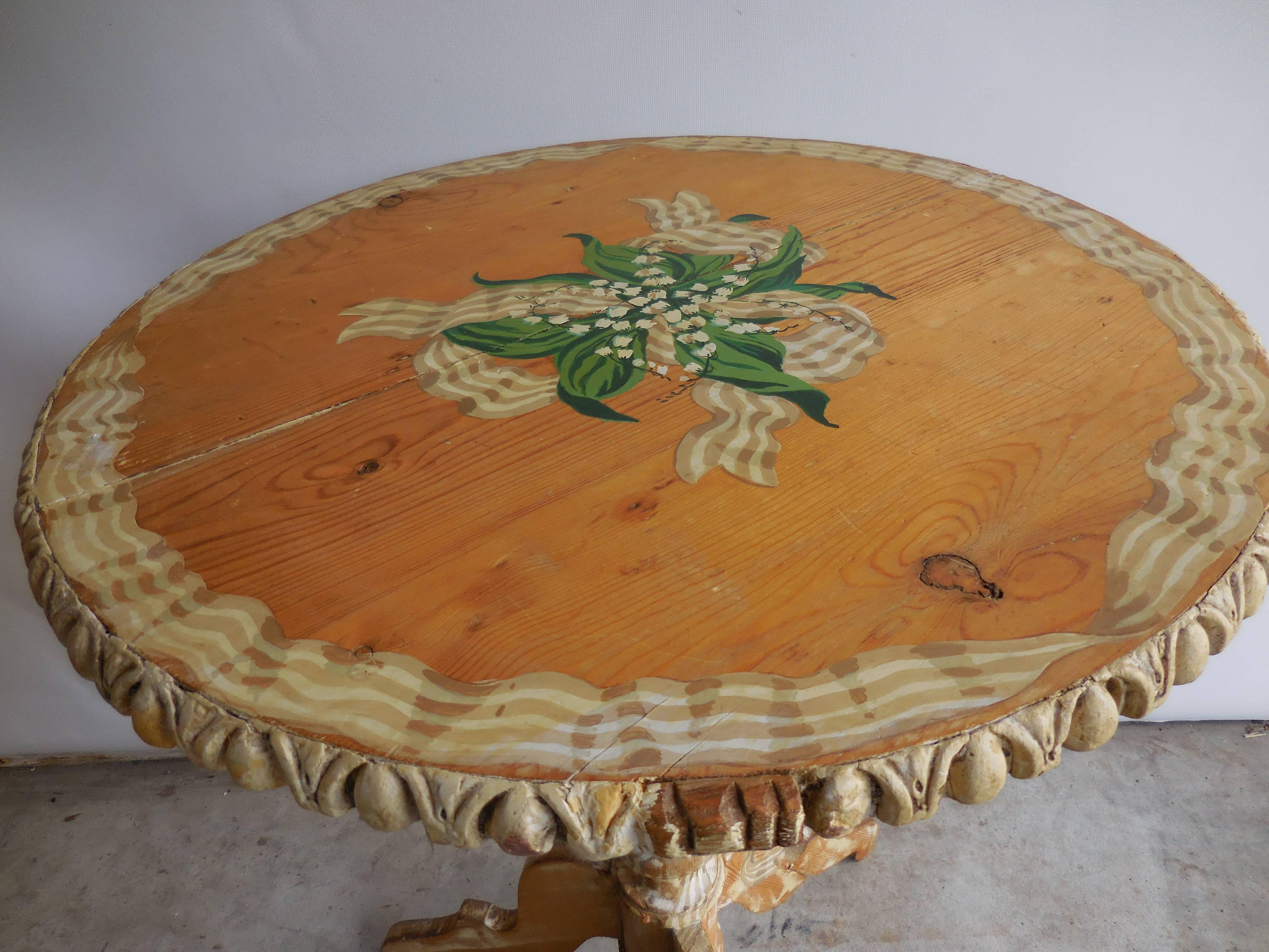 Hand-Painted Pine Floral Painted Side Table, 1950s For Sale