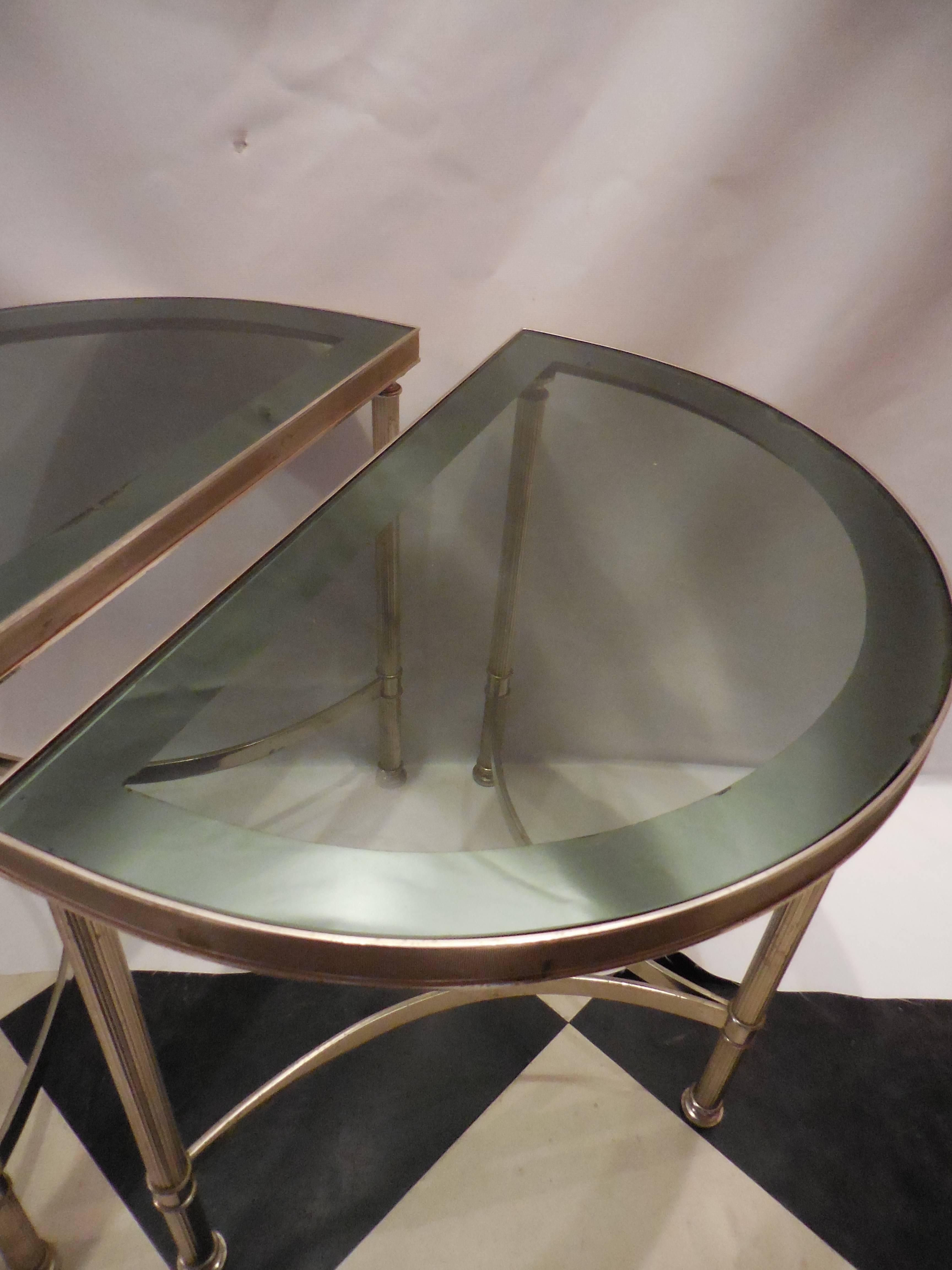 Polished Mid-Century Demilune Side Tables, Pair For Sale