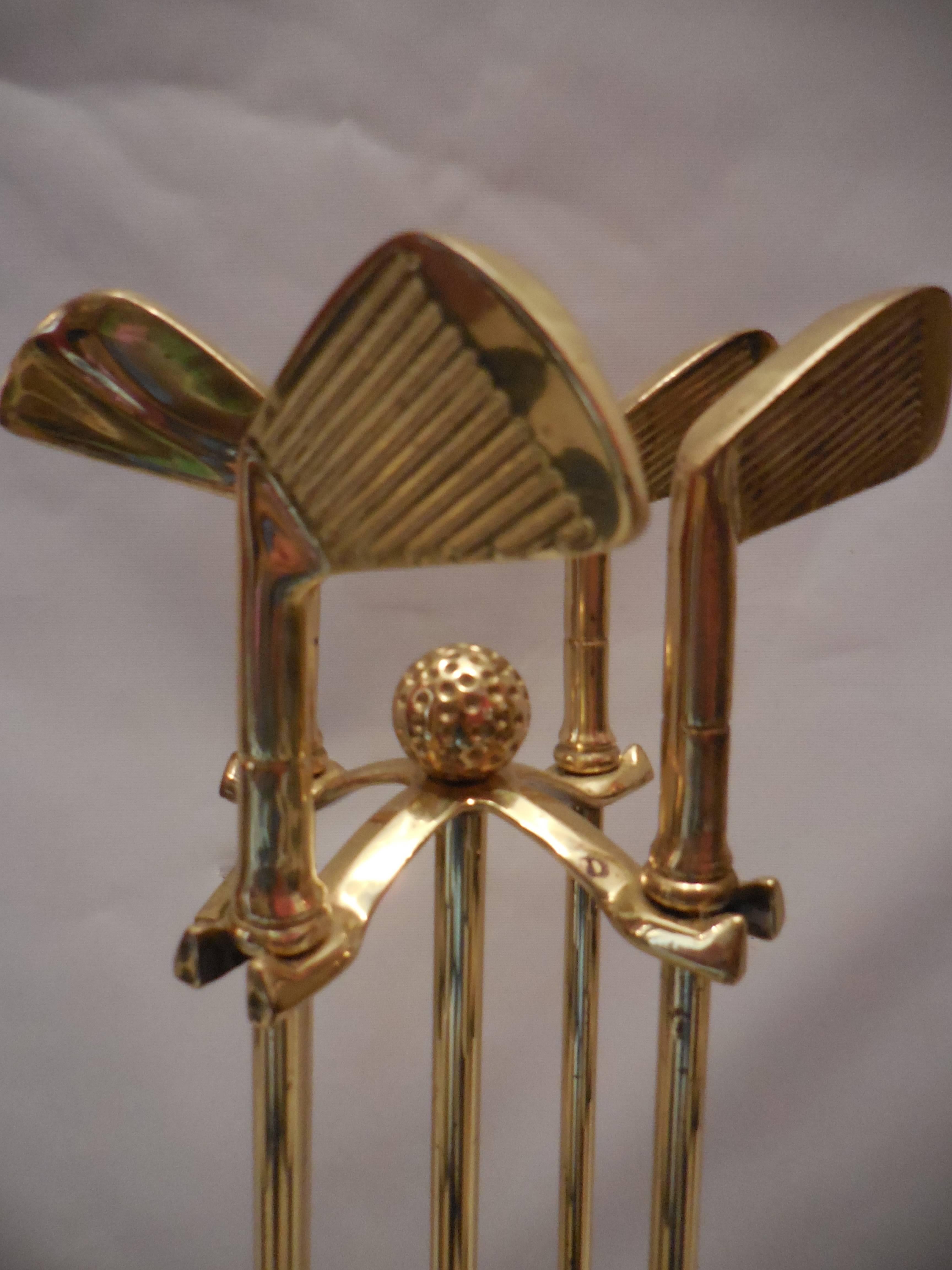 North American Set of Artisan Golf Club Themed Brass Fireplace Tools For Sale