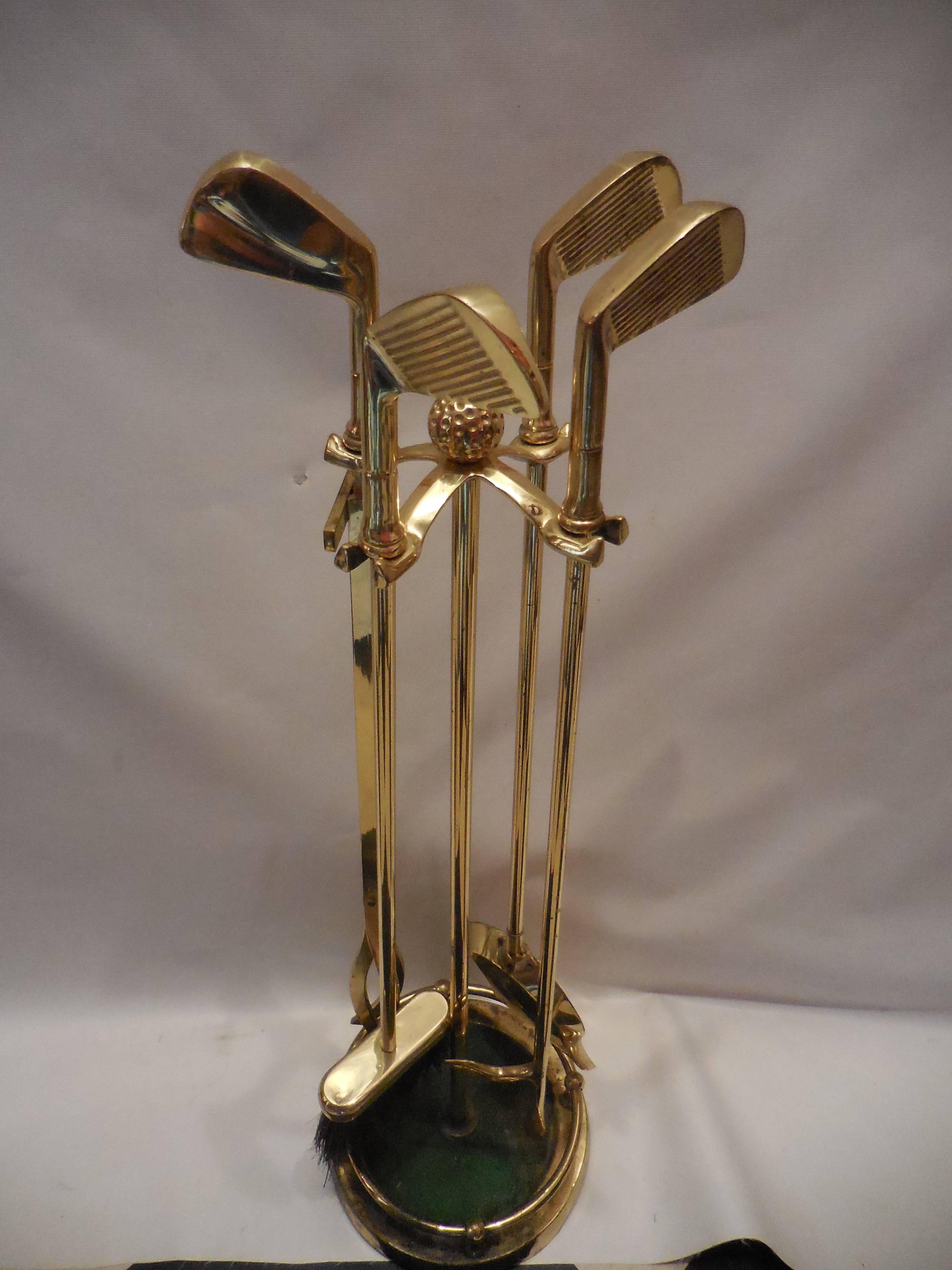 Set of Artisan Golf Club Themed Brass Fireplace Tools In Excellent Condition For Sale In West Palm Beach, FL