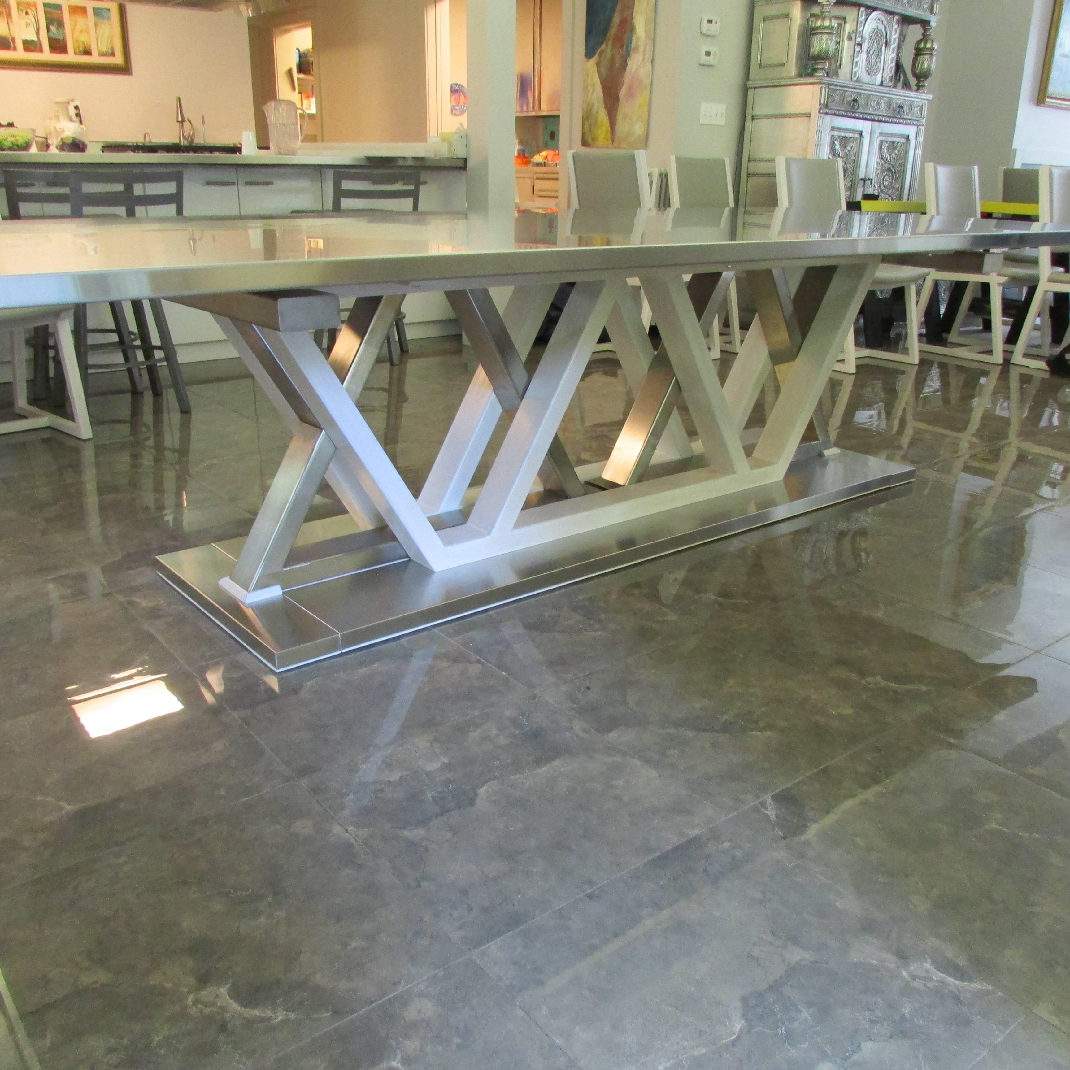 Metal Modern, Contemporary, Stainless Steel and Wood Pedestal Dining Room Table For Sale