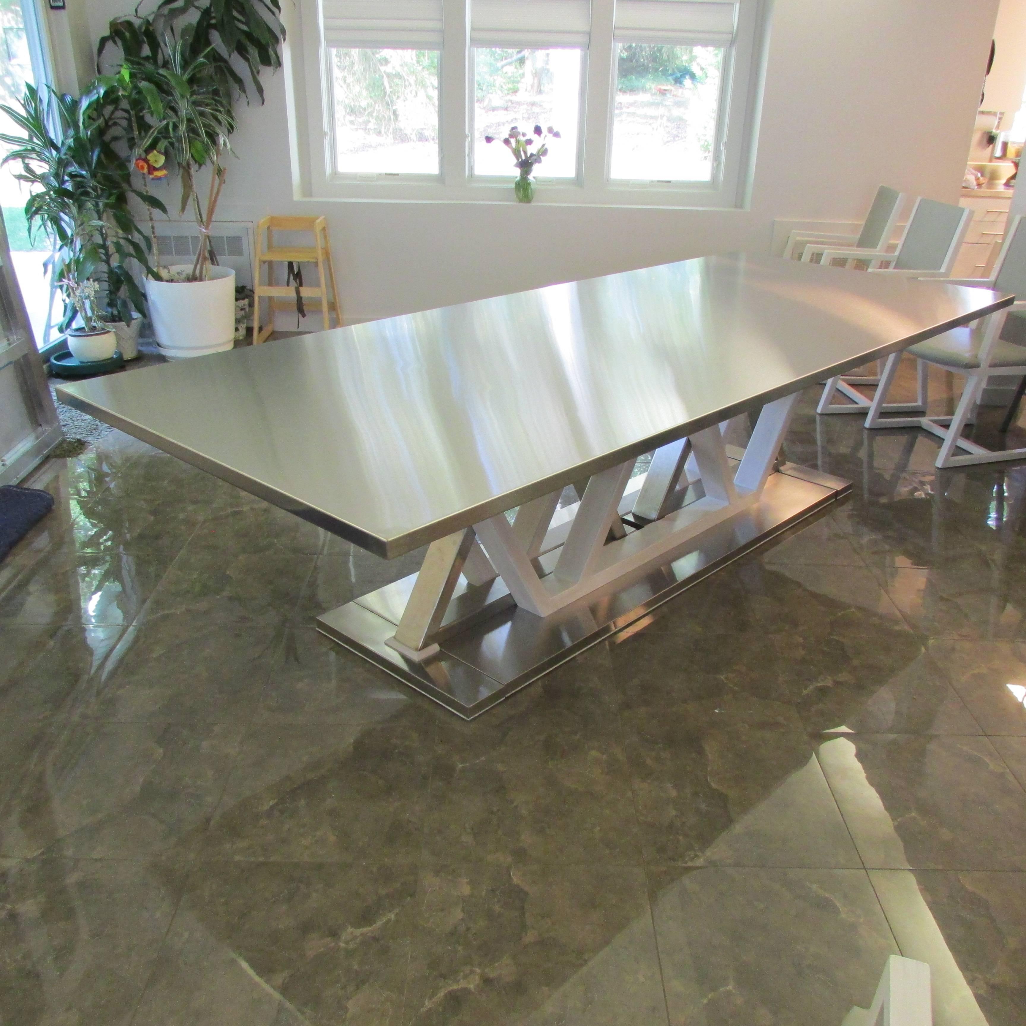 Modern, Contemporary, Stainless Steel and Wood Pedestal Dining Room Table For Sale 2