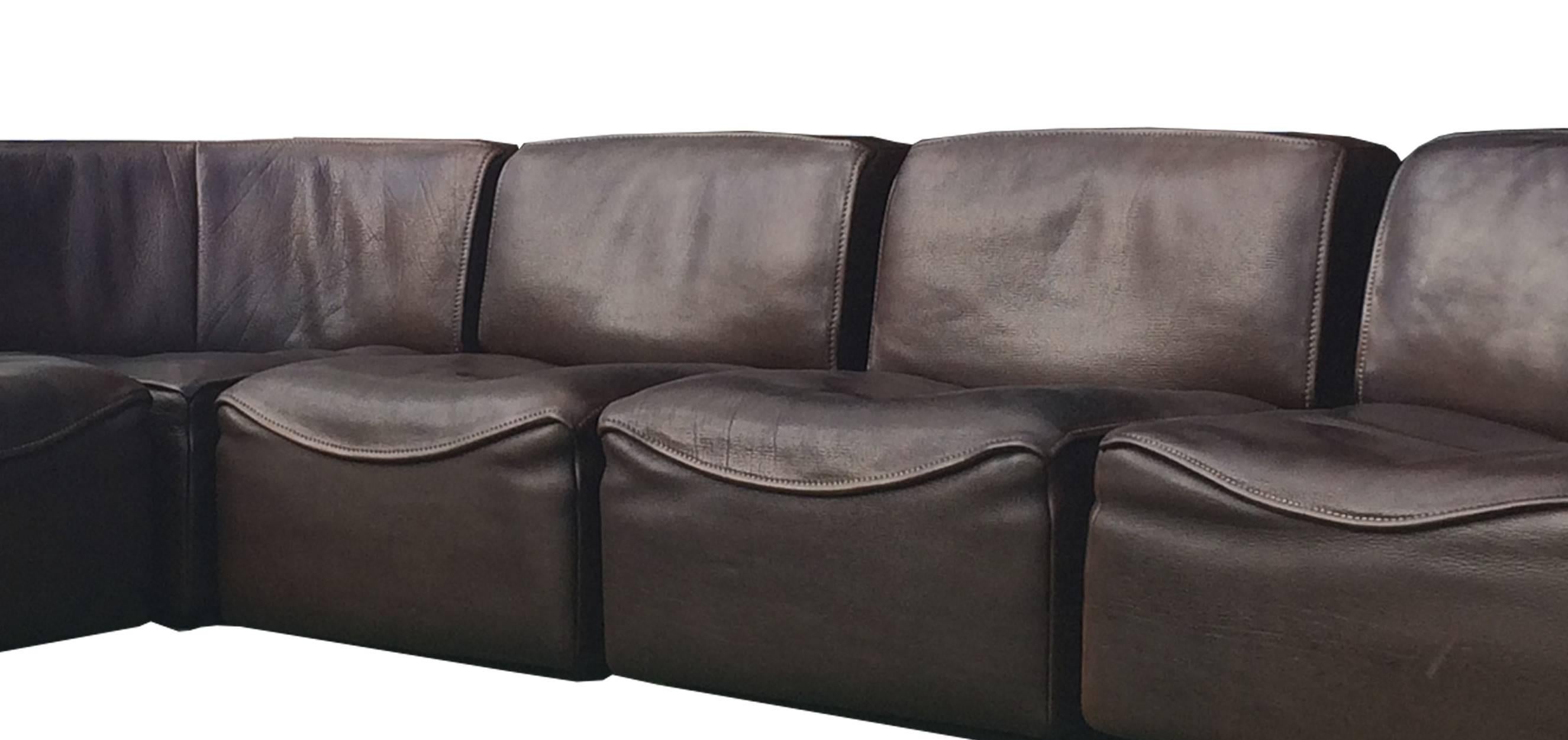 Swiss 20th Century De Sede DS-15 Neck Leather Sofa, Set of Seven