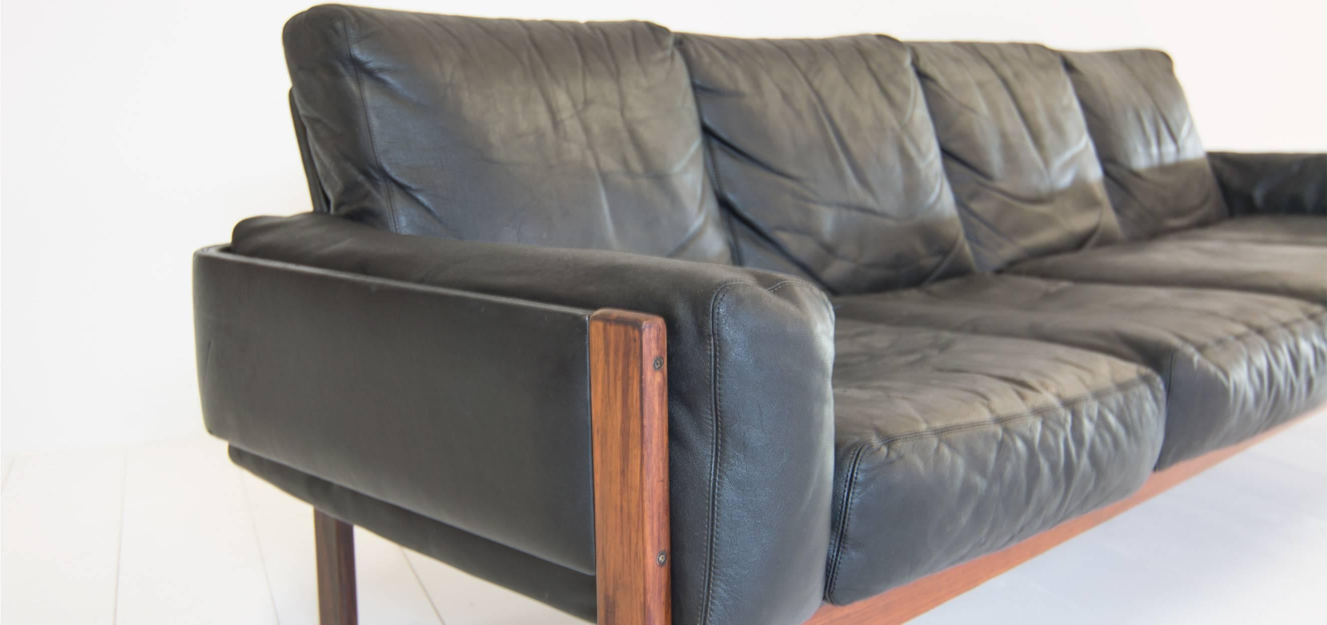 Mid-20th Century Sven Ivar Dysthe Four-Seat Sofa with Original Black Leather Upholstery For Sale