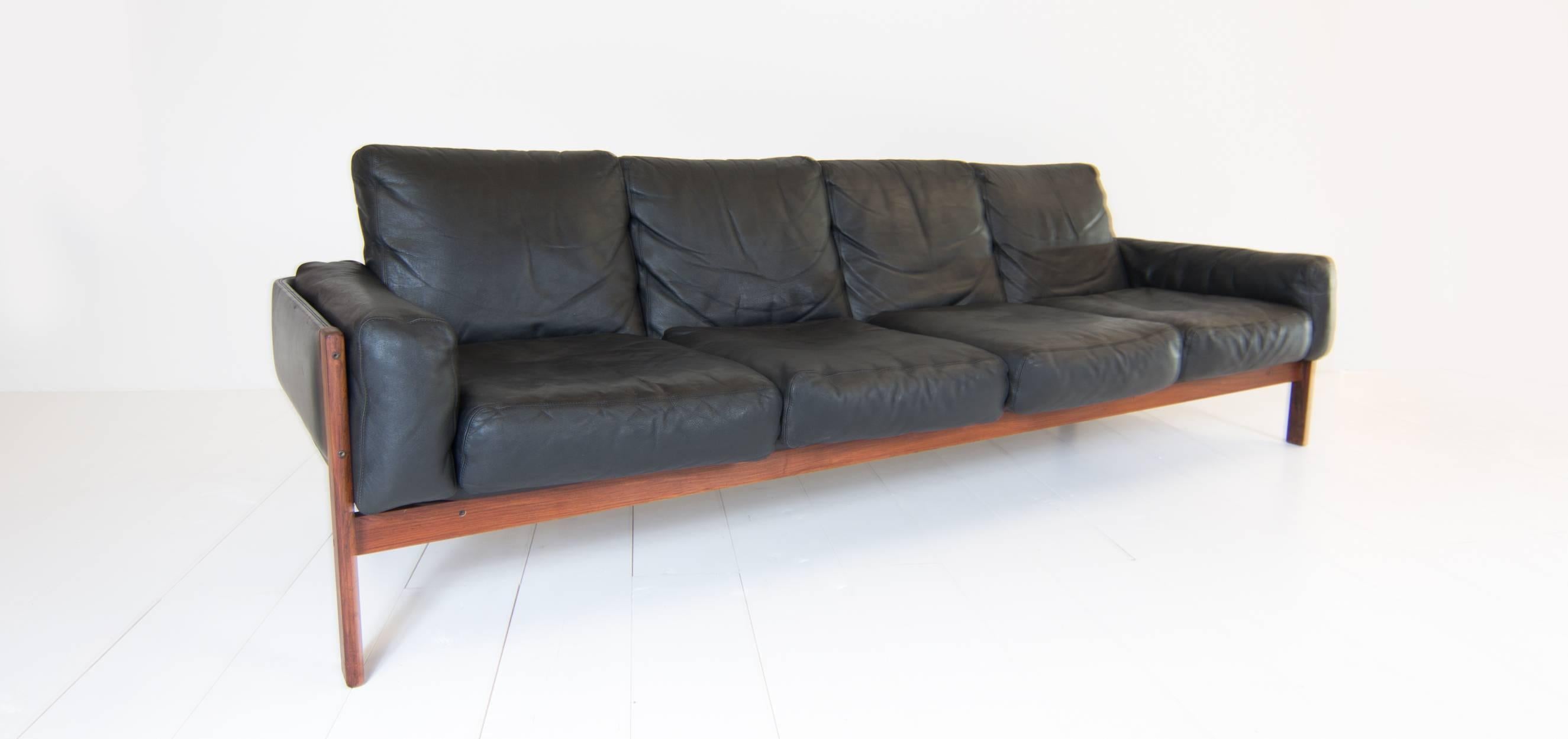 Mid-Century Modern Sven Ivar Dysthe Four-Seat Sofa with Original Black Leather Upholstery For Sale