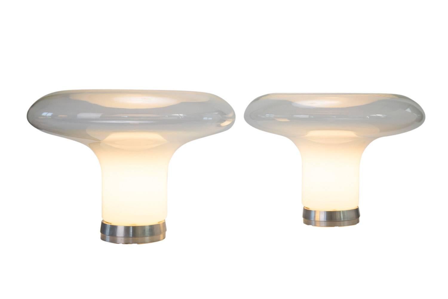 Pair of Angelo Mangiorotti Murano glass lamps with an aluminium base. Signed and numbered.