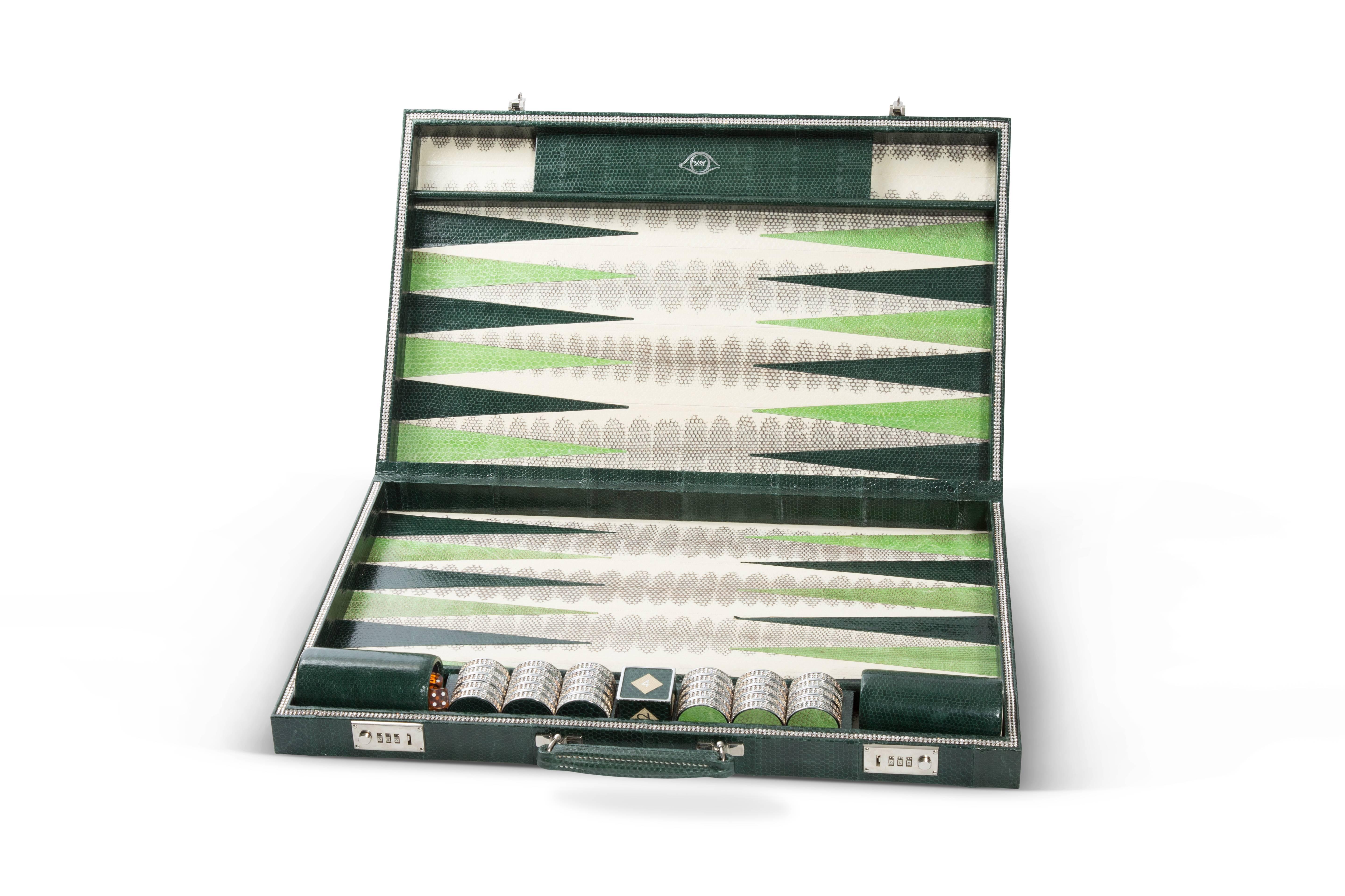 British Geoffrey Parker-Emerald Snakeskin Backgammon Set For Sale