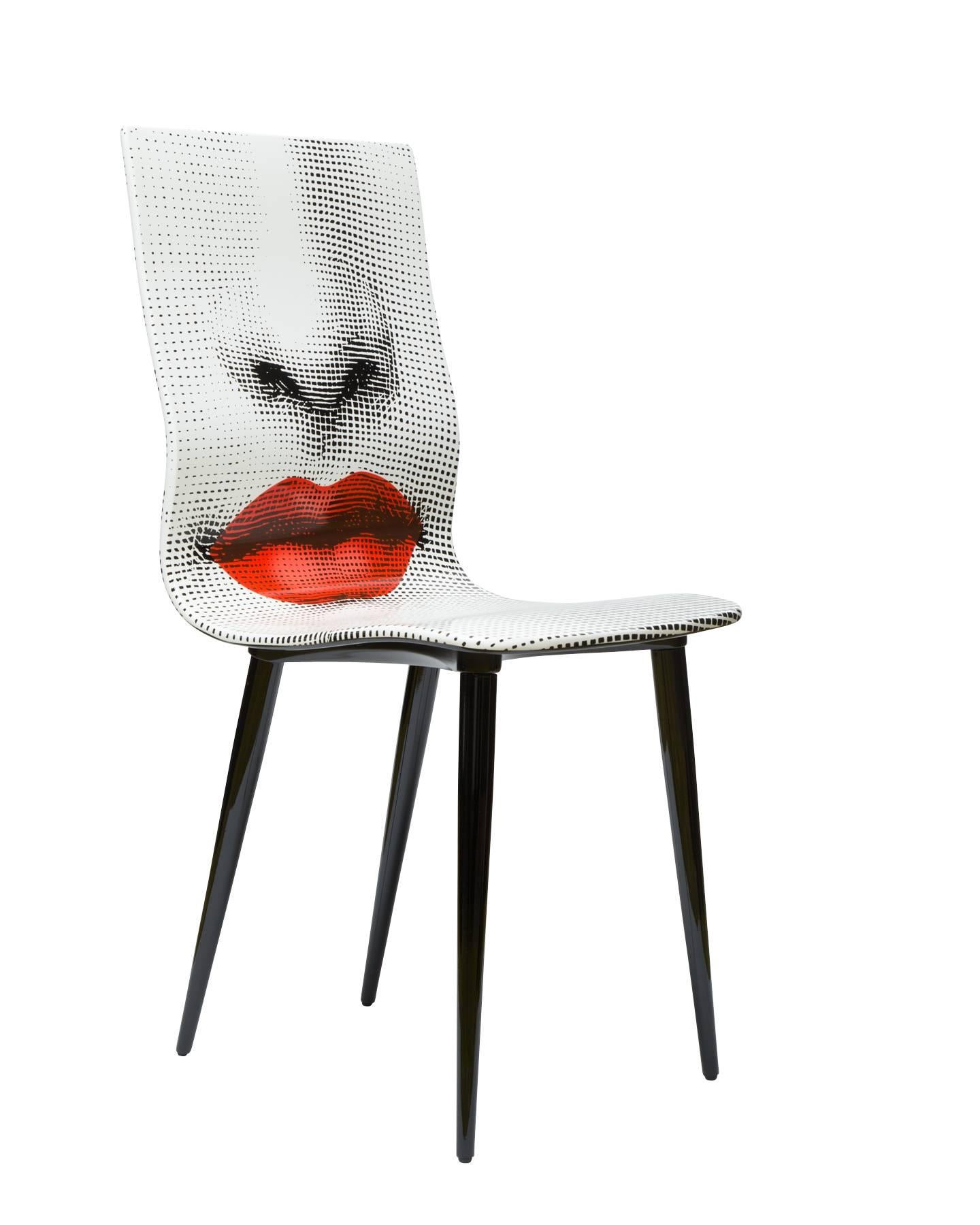 This chair has a lithographically applied graphic which is hand-finished and covered with a smooth lacquer.

13 of 60 made in 2016.

The Italian artist and illustrator Piero Fornasetti was one of the wittiest and most imaginative design talents of