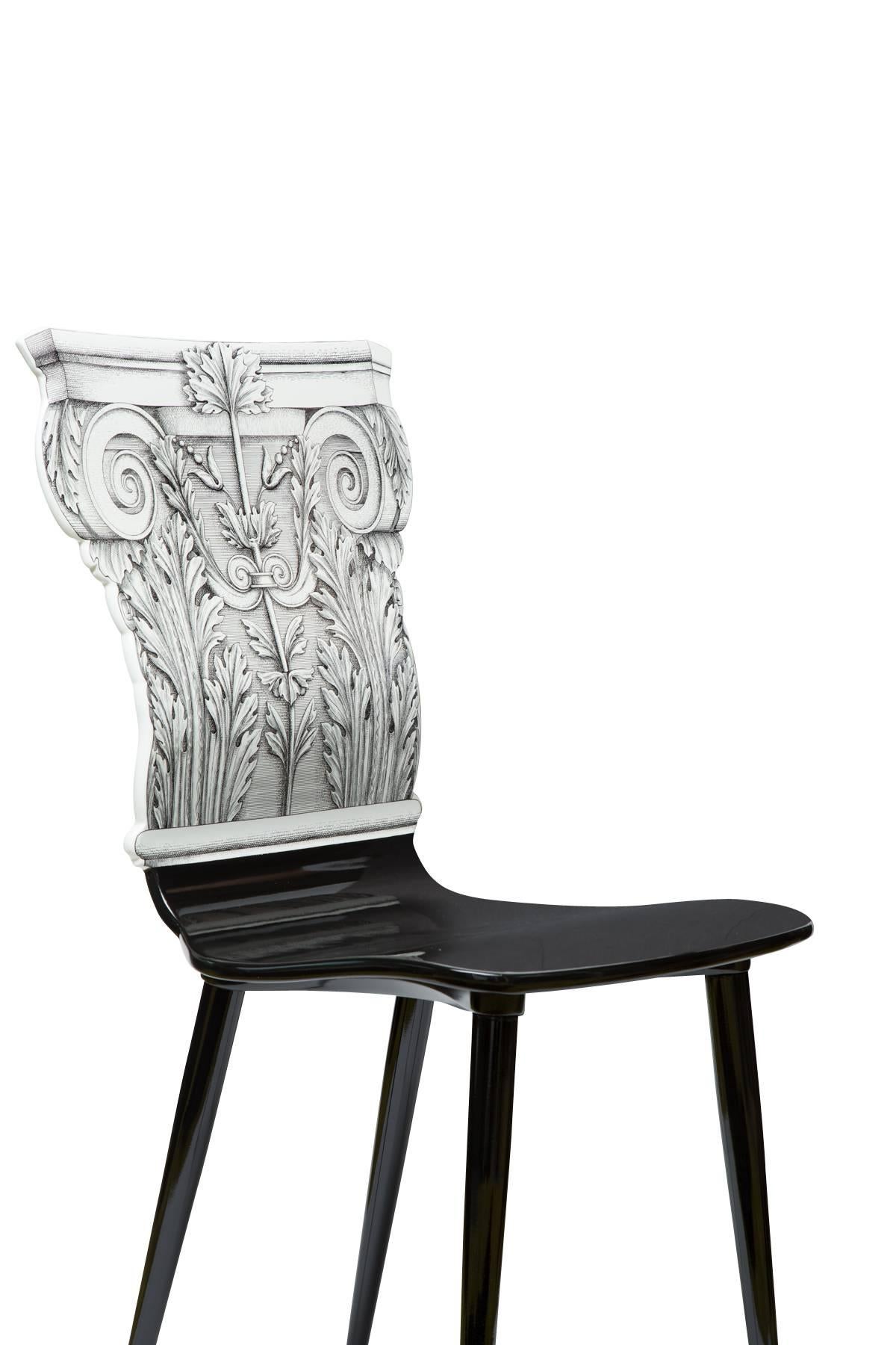 This chair has a lithographically applied graphic which is hand-finished and covered with a smooth lacquer.

12 of 20 produced in 2016.

The Italian artist and illustrator Piero Fornasetti was one of the wittiest and most imaginative design talents
